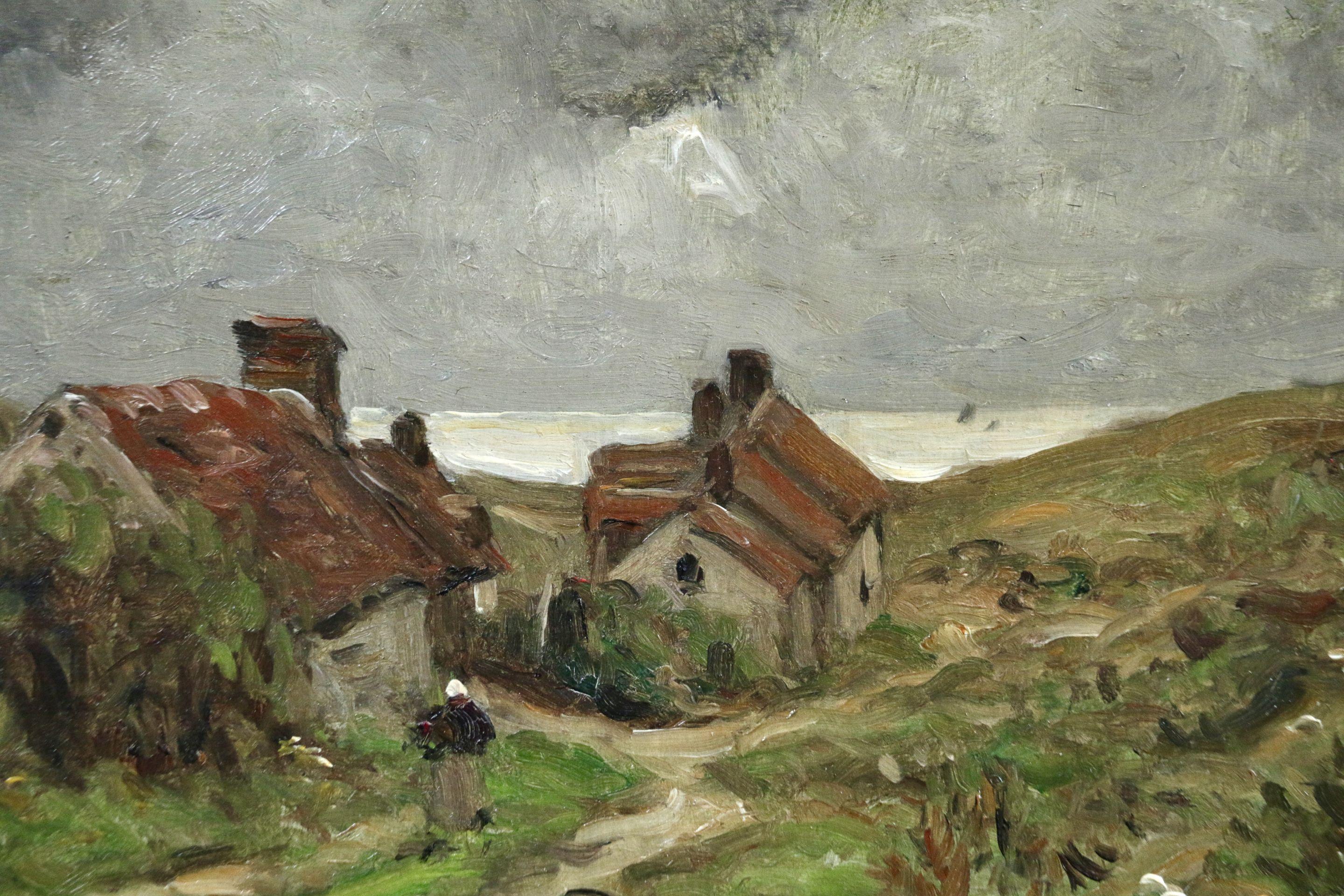 Cottages by the Sea -19th Century Oil, Figure & Houses in Landscape by Guillemet - Impressionist Painting by Jean-Baptiste-Antoine Guillemet