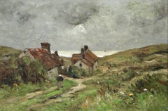 Cottages by the Sea -19th Century Oil, Figure & Houses in Landscape by Guillemet