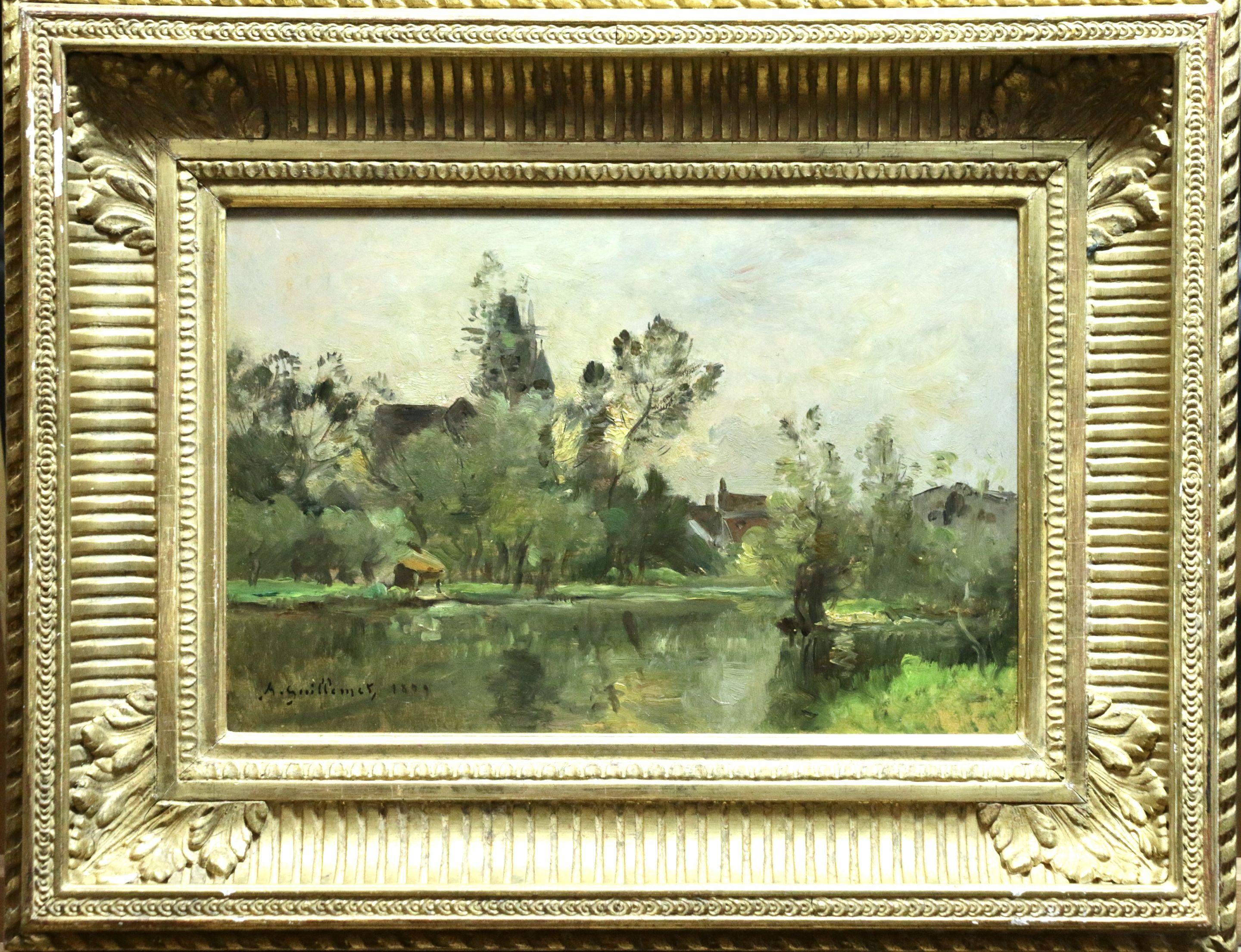 Coucher de Soleil-Moret-1899 - 19th Century Oil, Riverscape by Guillemet - Painting by Jean-Baptiste-Antoine Guillemet