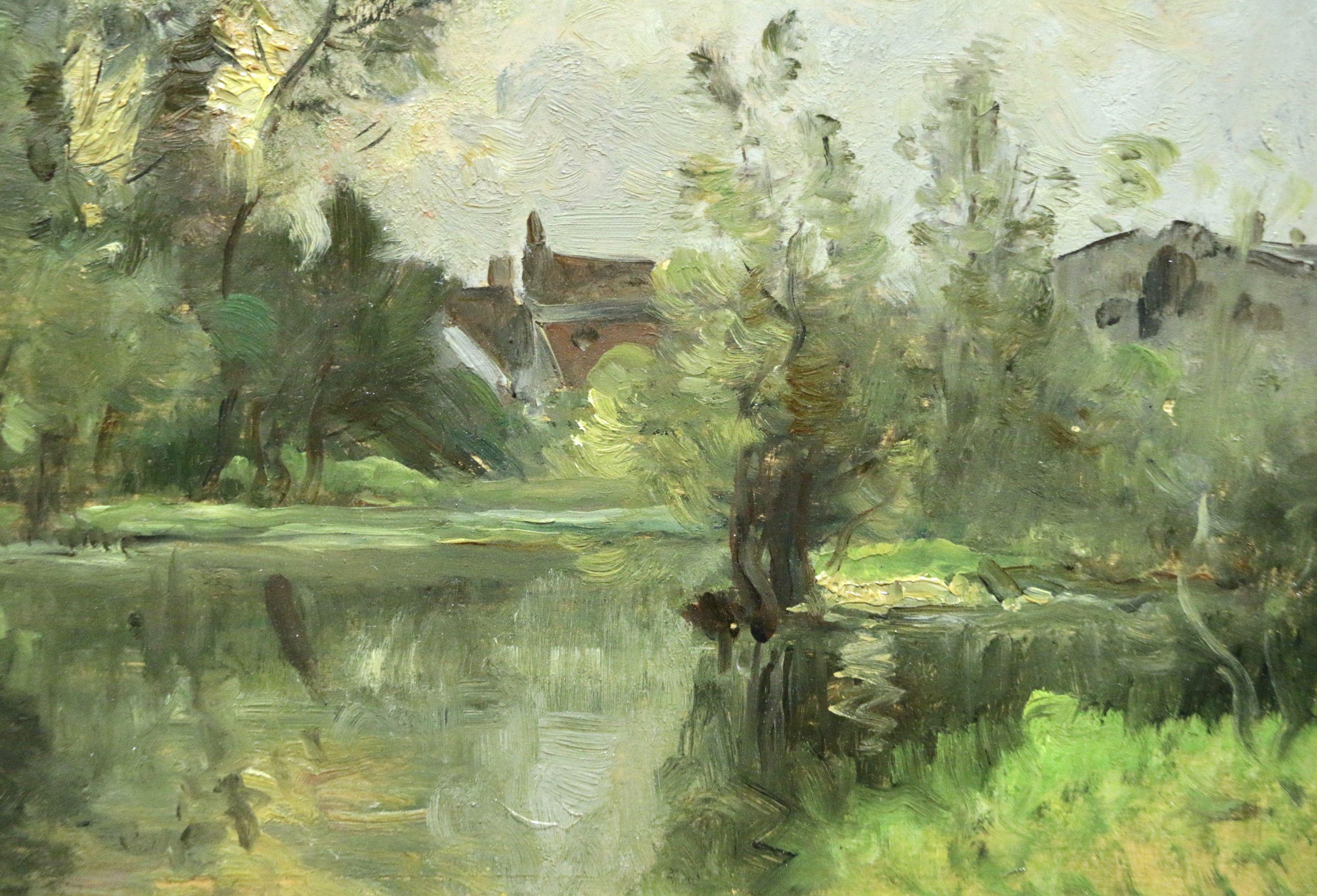 Coucher de Soleil-Moret-1899 - 19th Century Oil, Riverscape by Guillemet - Impressionist Painting by Jean-Baptiste-Antoine Guillemet
