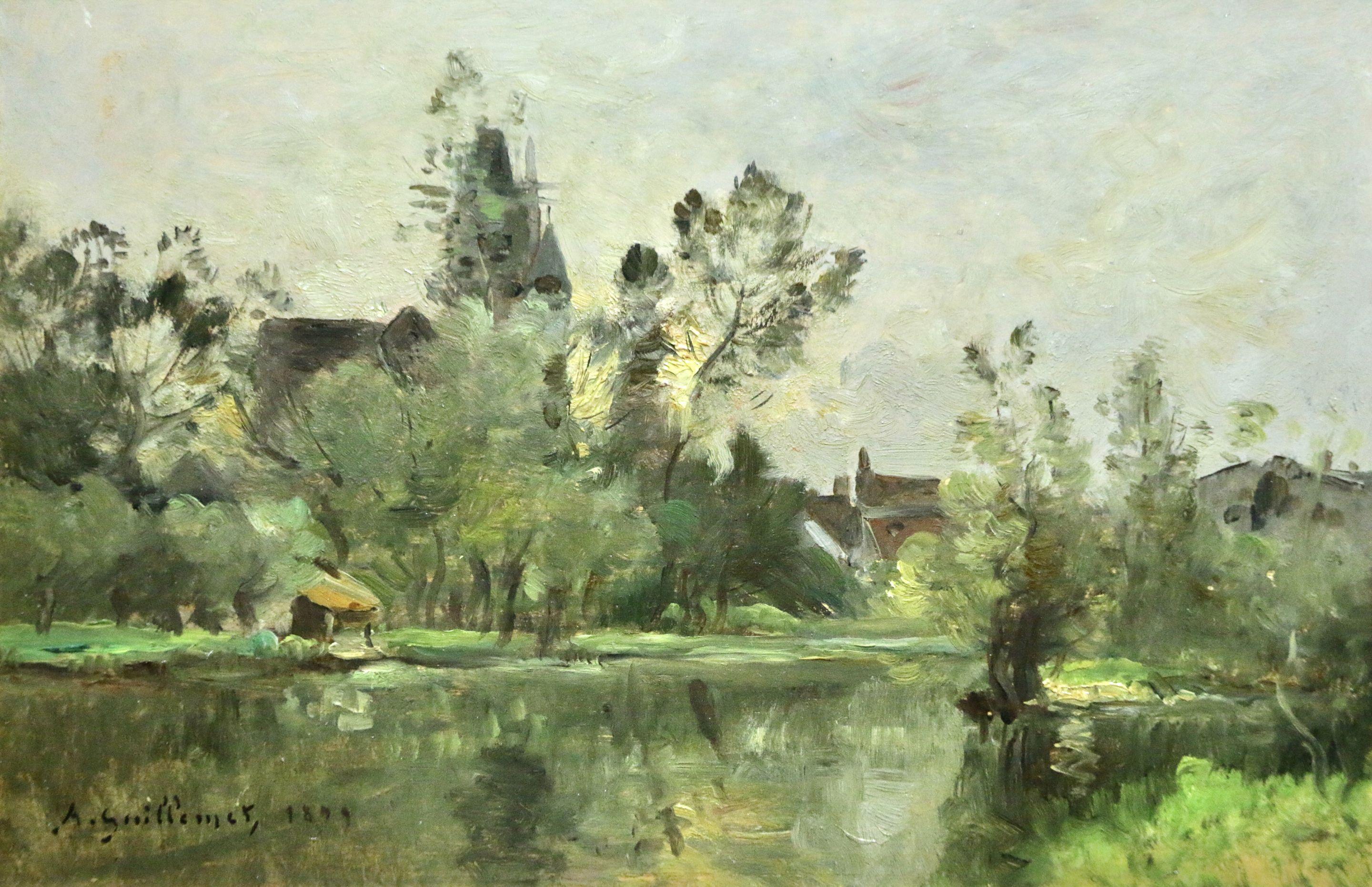 Jean-Baptiste-Antoine Guillemet Landscape Painting - Coucher de Soleil-Moret-1899 - 19th Century Oil, Riverscape by Guillemet