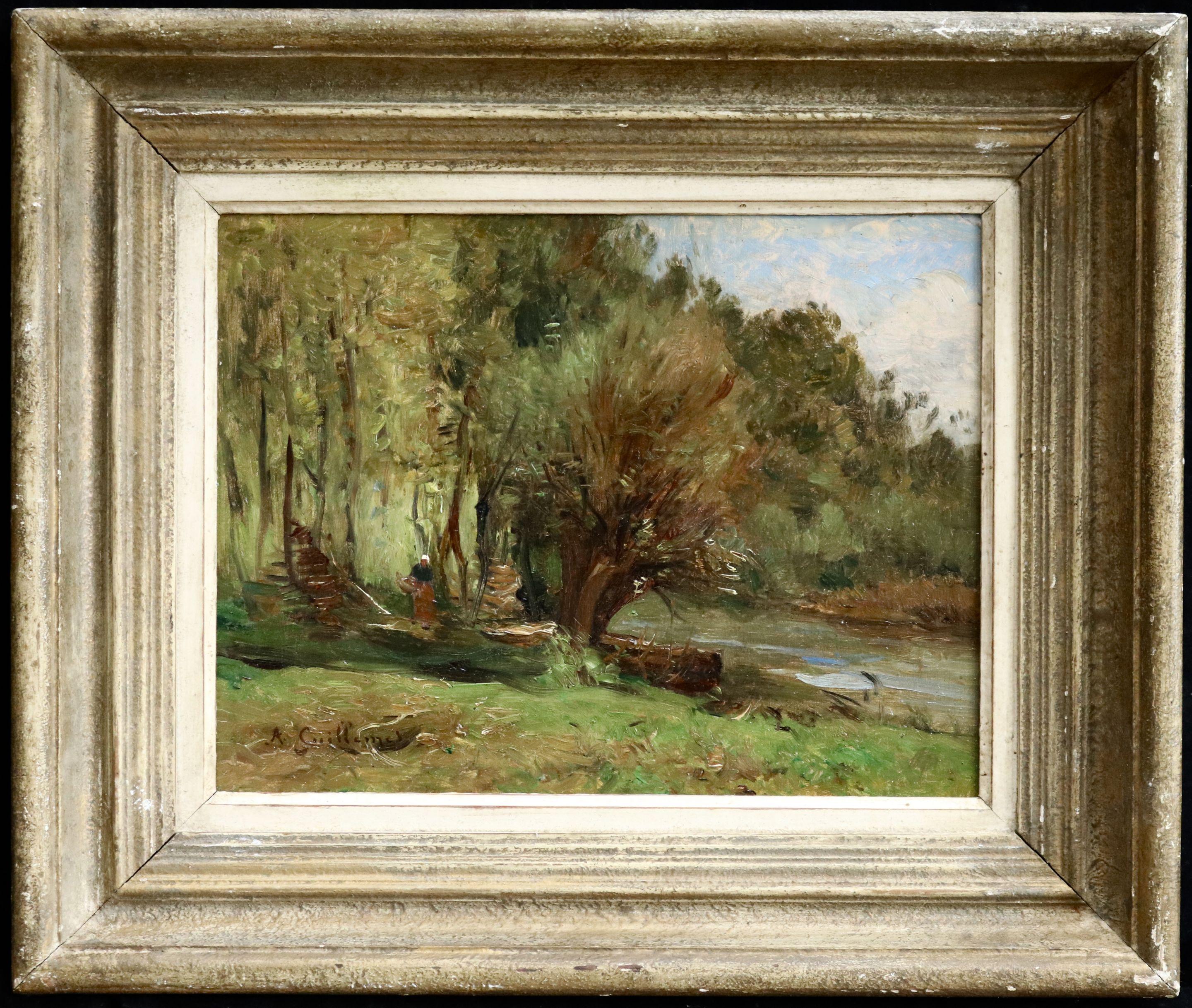 Figure by a Cottage - 19th Century Oil, Woman in River Landscape by Guillemet - Painting by Jean-Baptiste-Antoine Guillemet