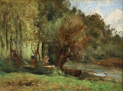 Figure by a Cottage - 19th Century Oil, Woman in River Landscape by Guillemet