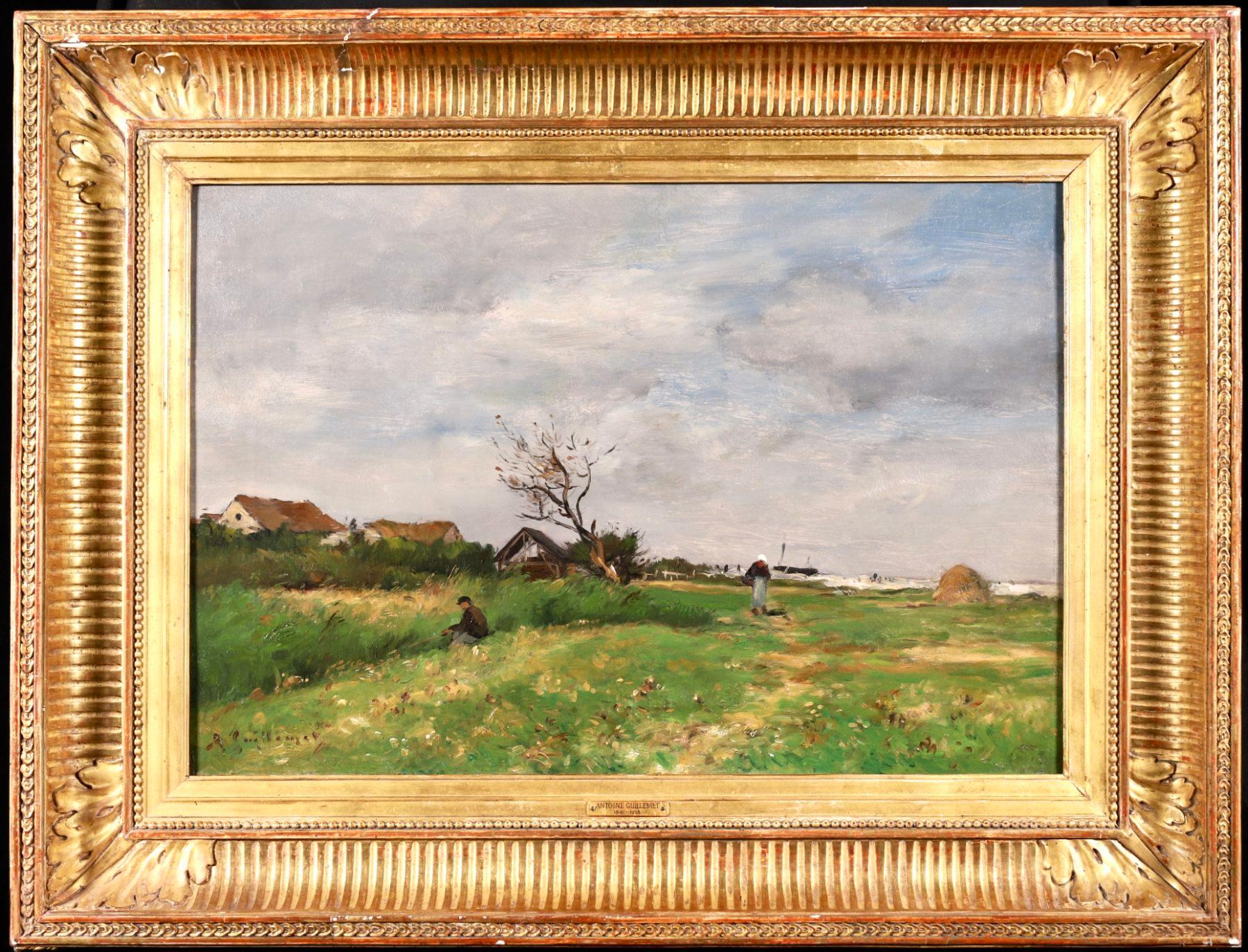 Fishing - Impressionist Oil, Landscape by Jean Baptiste Antoine Guillemet - Painting by Jean-Baptiste-Antoine Guillemet