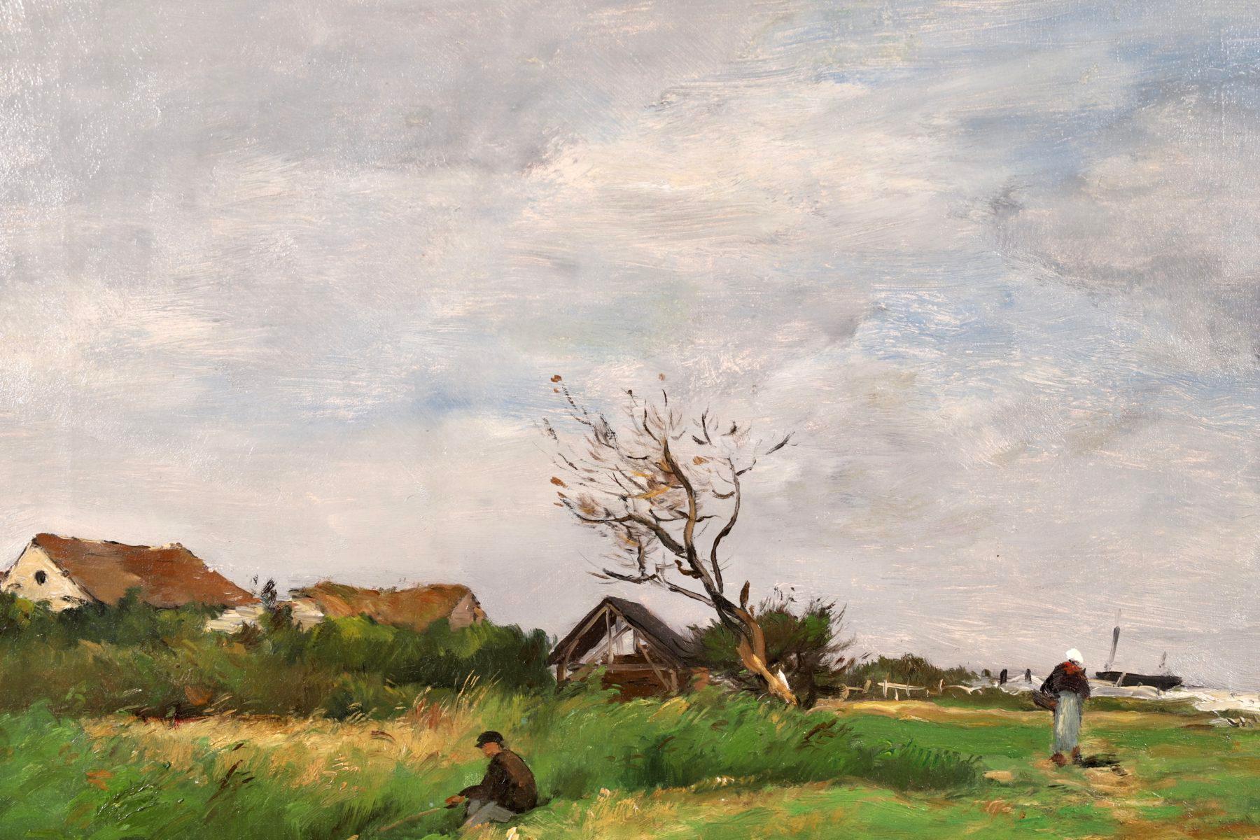 Une belle huile sur toile du peintre impressionniste français Jean Baptiste Antoine Guillemet. La pièce représente la vue d'un homme pêchant dans un ruisseau au bord de la mer et d'une femme marchant sur le chemin derrière lui.

Signature :
Signé en