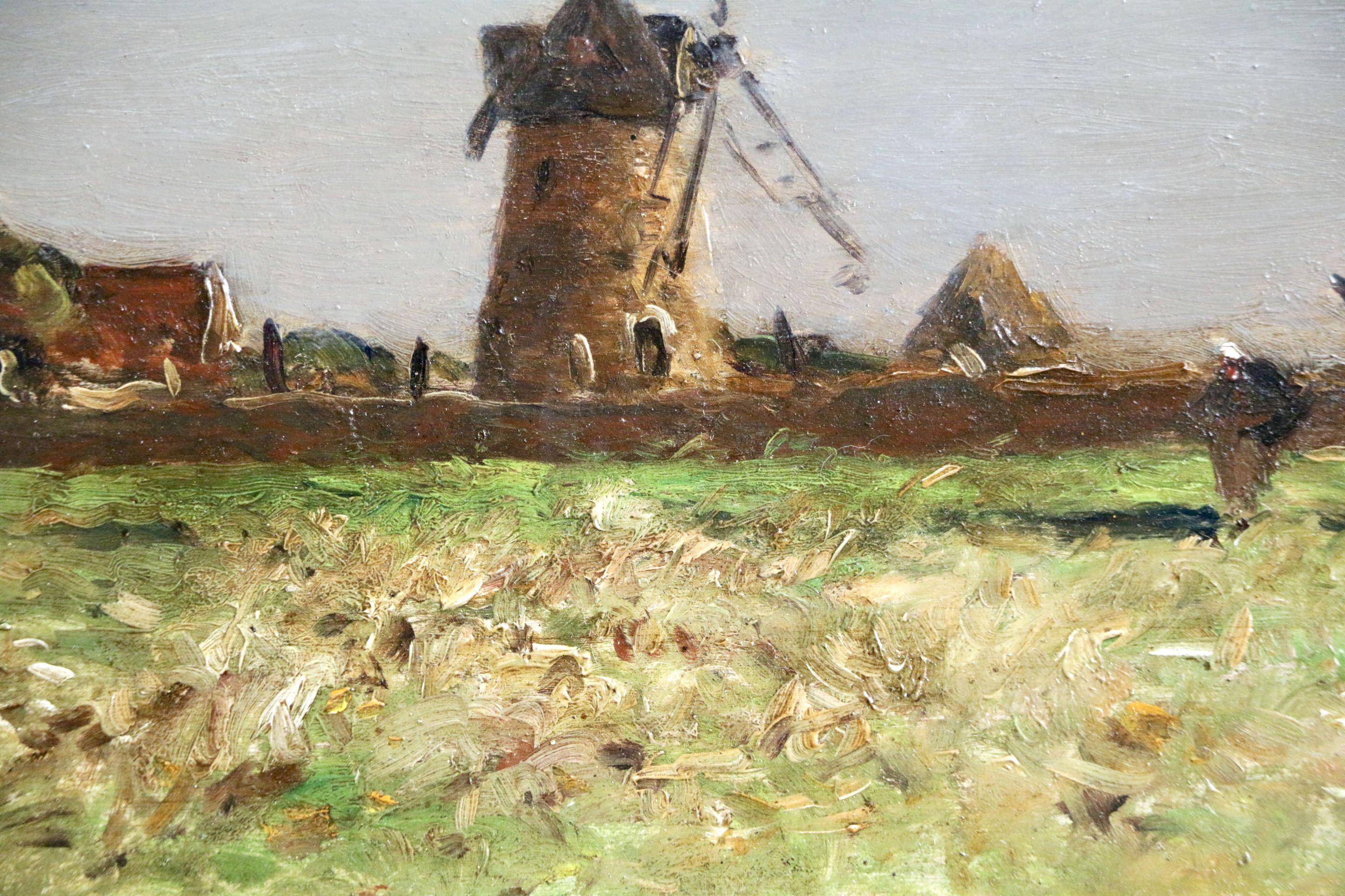 Heading Home – Ölgemälde, Figur und Windmühle in Landschaft von Guillemet, 19. Jahrhundert (Grau), Figurative Painting, von Jean-Baptiste-Antoine Guillemet