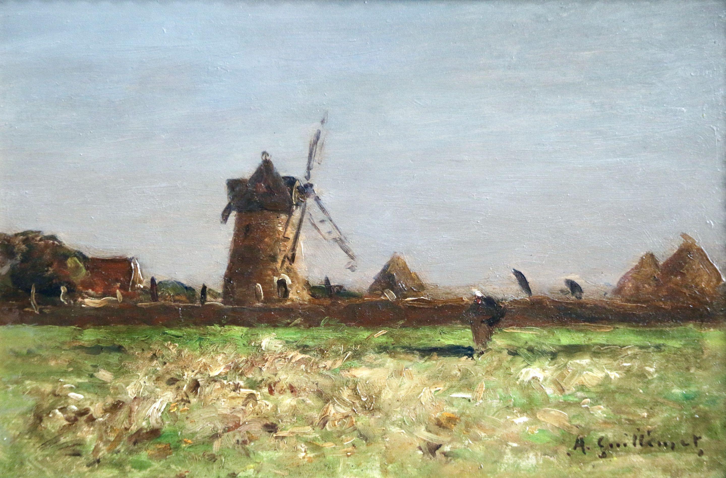 Jean-Baptiste-Antoine Guillemet Figurative Painting – Heading Home – Ölgemälde, Figur und Windmühle in Landschaft von Guillemet, 19. Jahrhundert