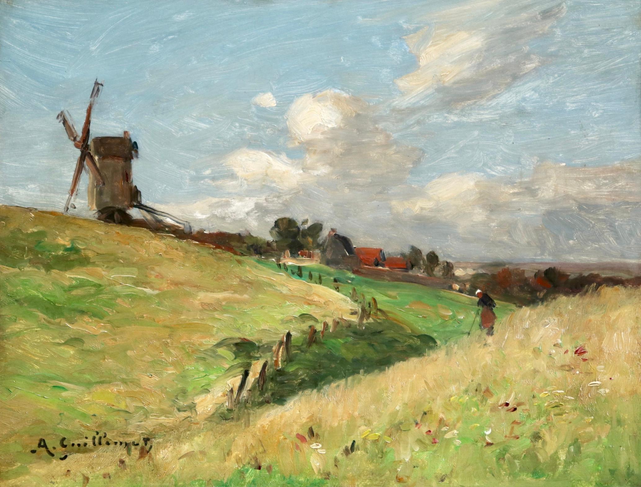 In the Fields - 19th Century Oil, Figure & Windmill in Landscape by Guillemet - Painting by Jean-Baptiste-Antoine Guillemet