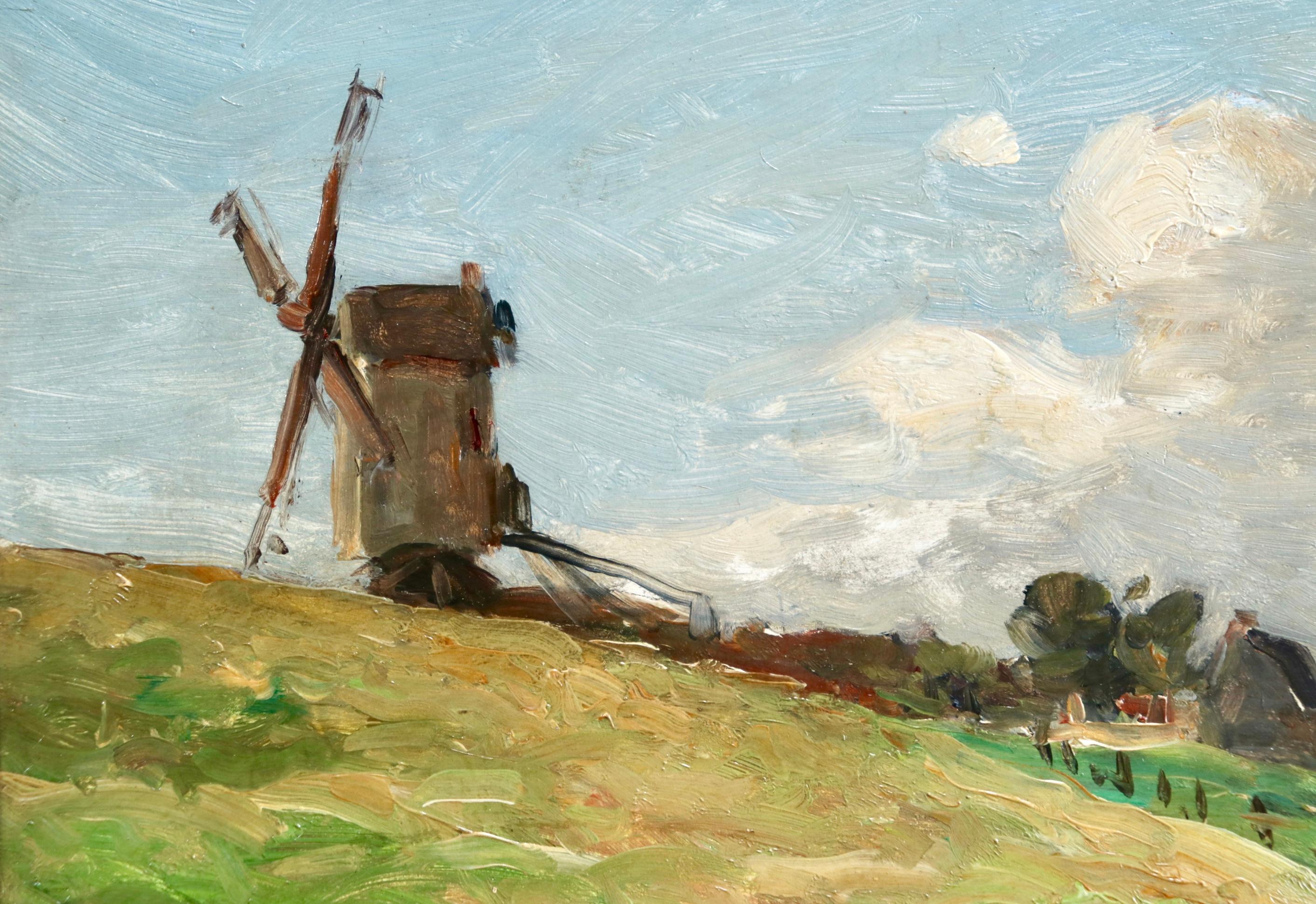 In the Fields - 19th Century Oil, Figure & Windmill in Landscape by Guillemet - Impressionist Painting by Jean-Baptiste-Antoine Guillemet