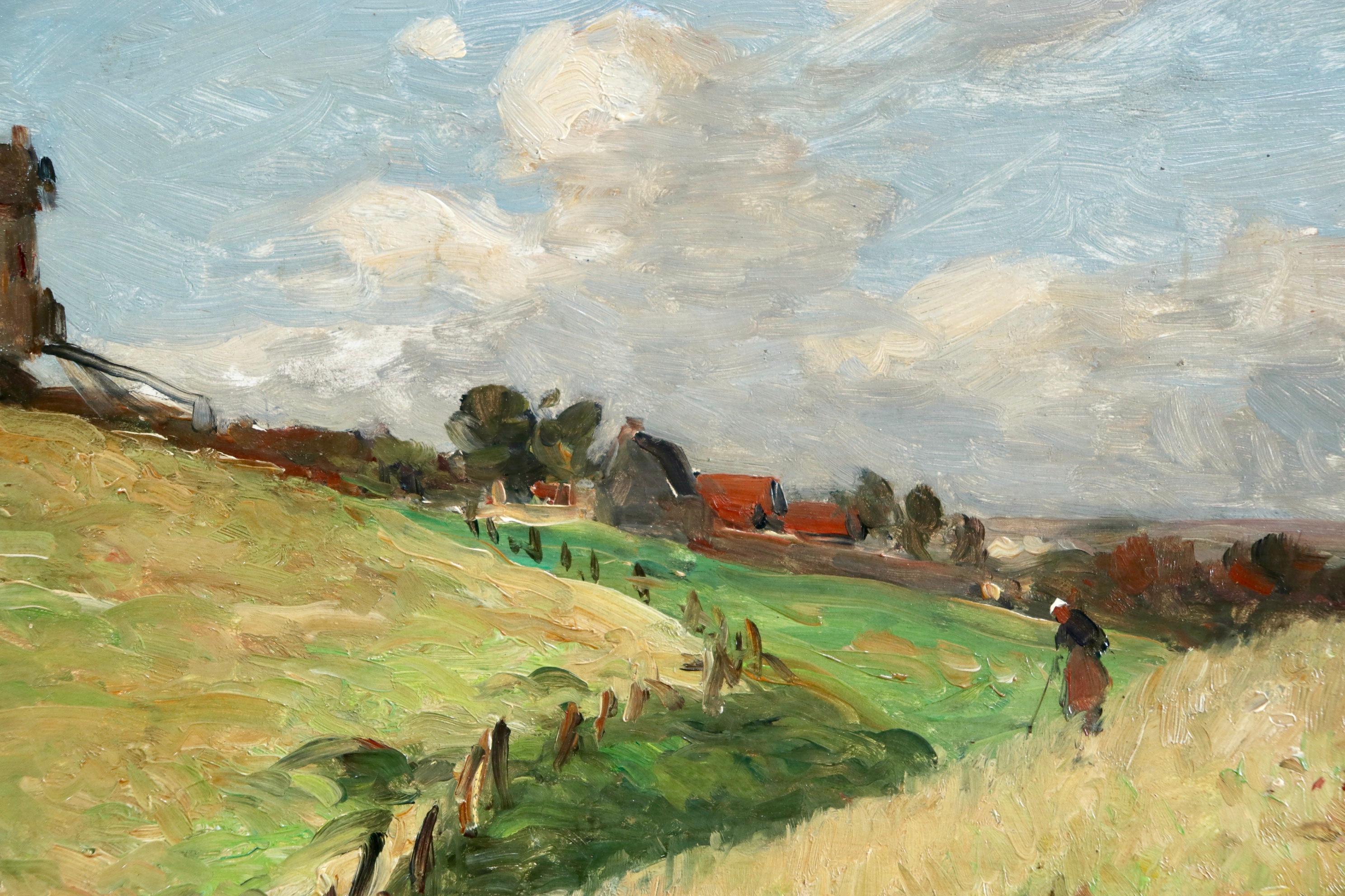 In the Fields - 19th Century Oil, Figure & Windmill in Landscape by Guillemet 1