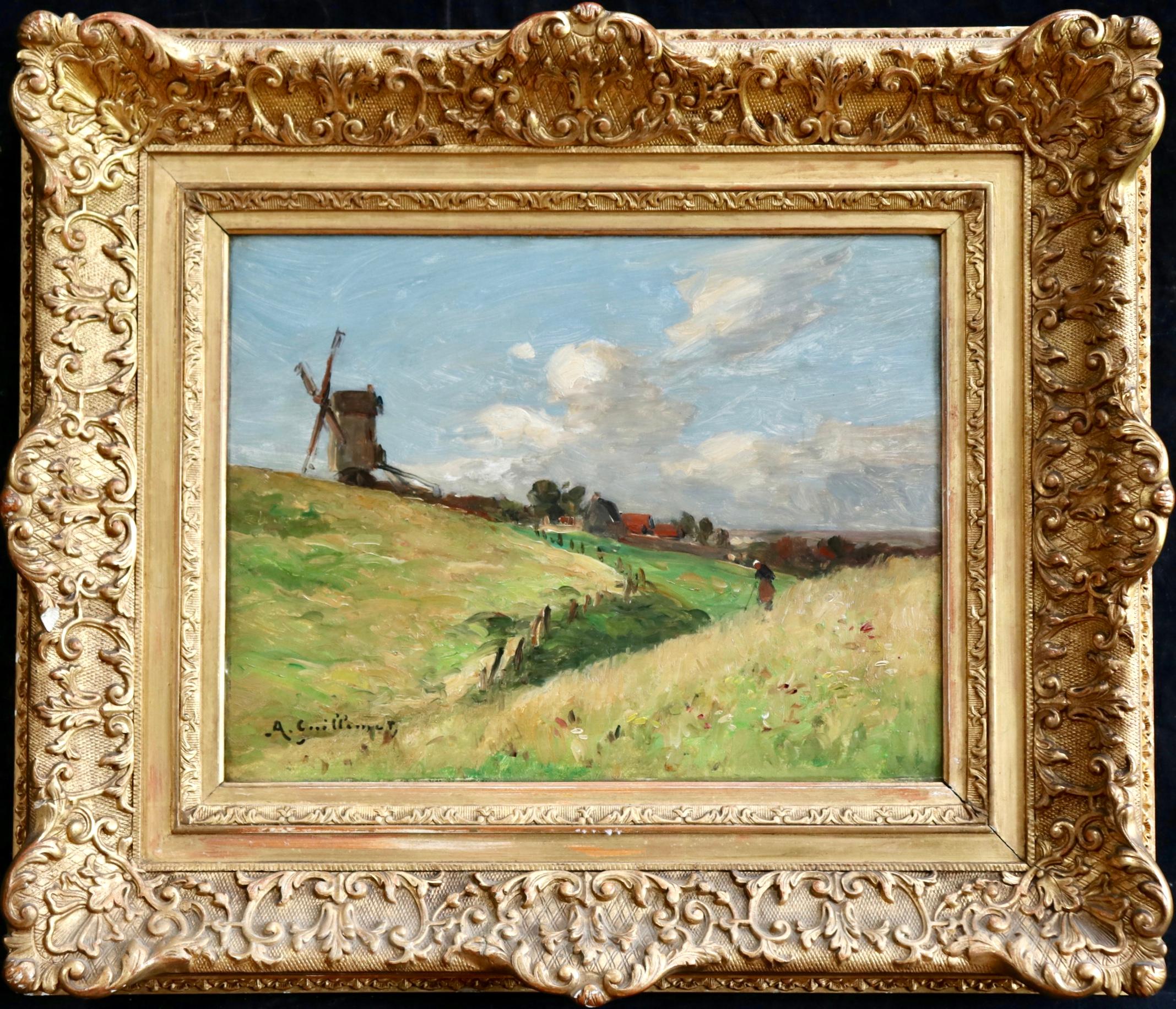 Jean-Baptiste-Antoine Guillemet Figurative Painting - In the Fields - 19th Century Oil, Figure & Windmill in Landscape by Guillemet