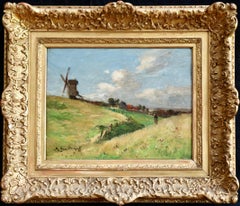 In the Fields - 19th Century Oil, Figure & Windmill in Landscape by Guillemet