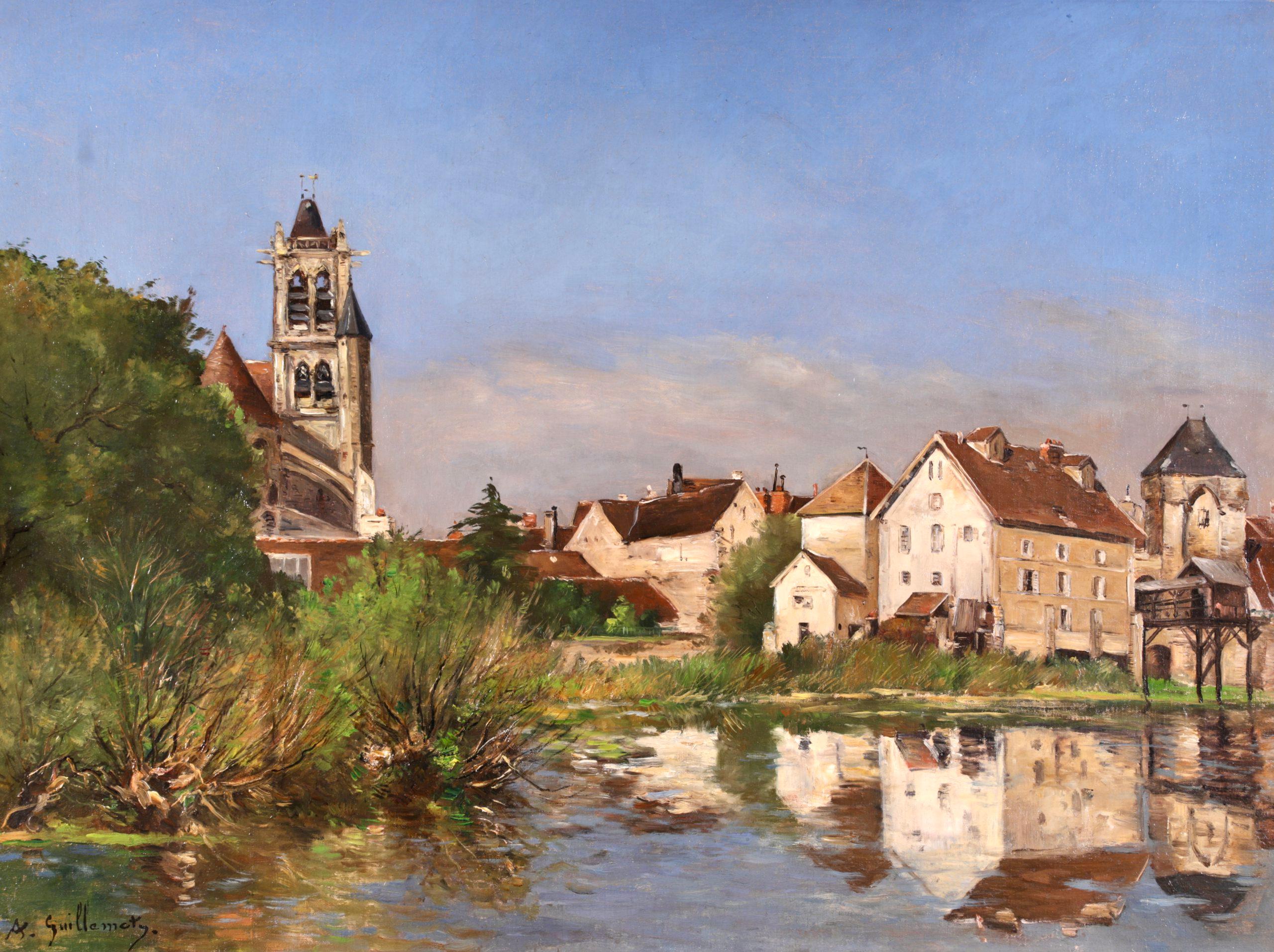 Signed oil on canvas landscape circa 1890 by French impressionist painter Jean Baptiste Antoine Guillemet. The work depicts a view of Moret-sur-Loing in North Eastern France from the bank of the River Loing. The town's buildings are reflecting in