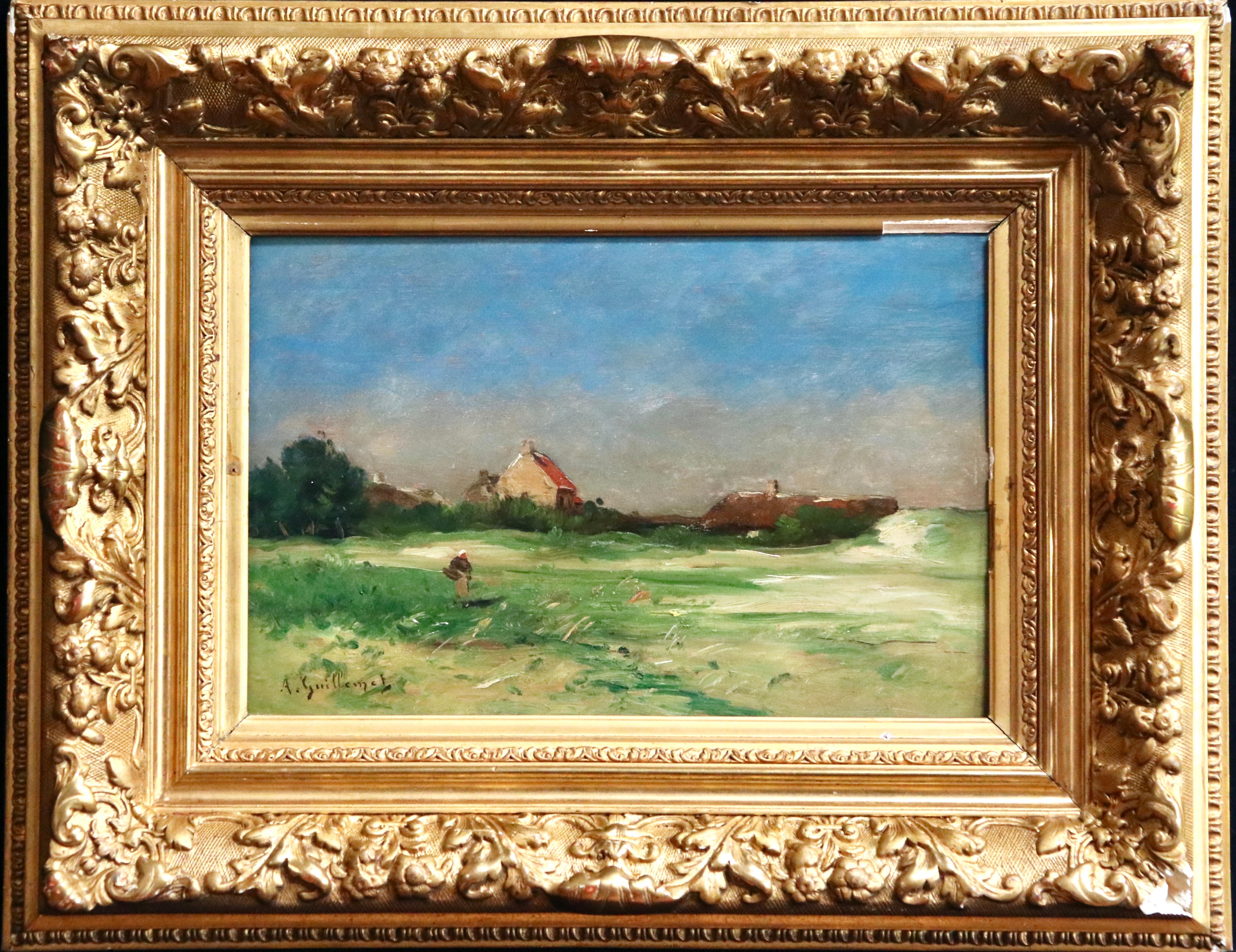 Normandy - 19th Century Oil, Figures by Cottage in Landscape - Antoine Guillemet - Painting by Jean-Baptiste-Antoine Guillemet