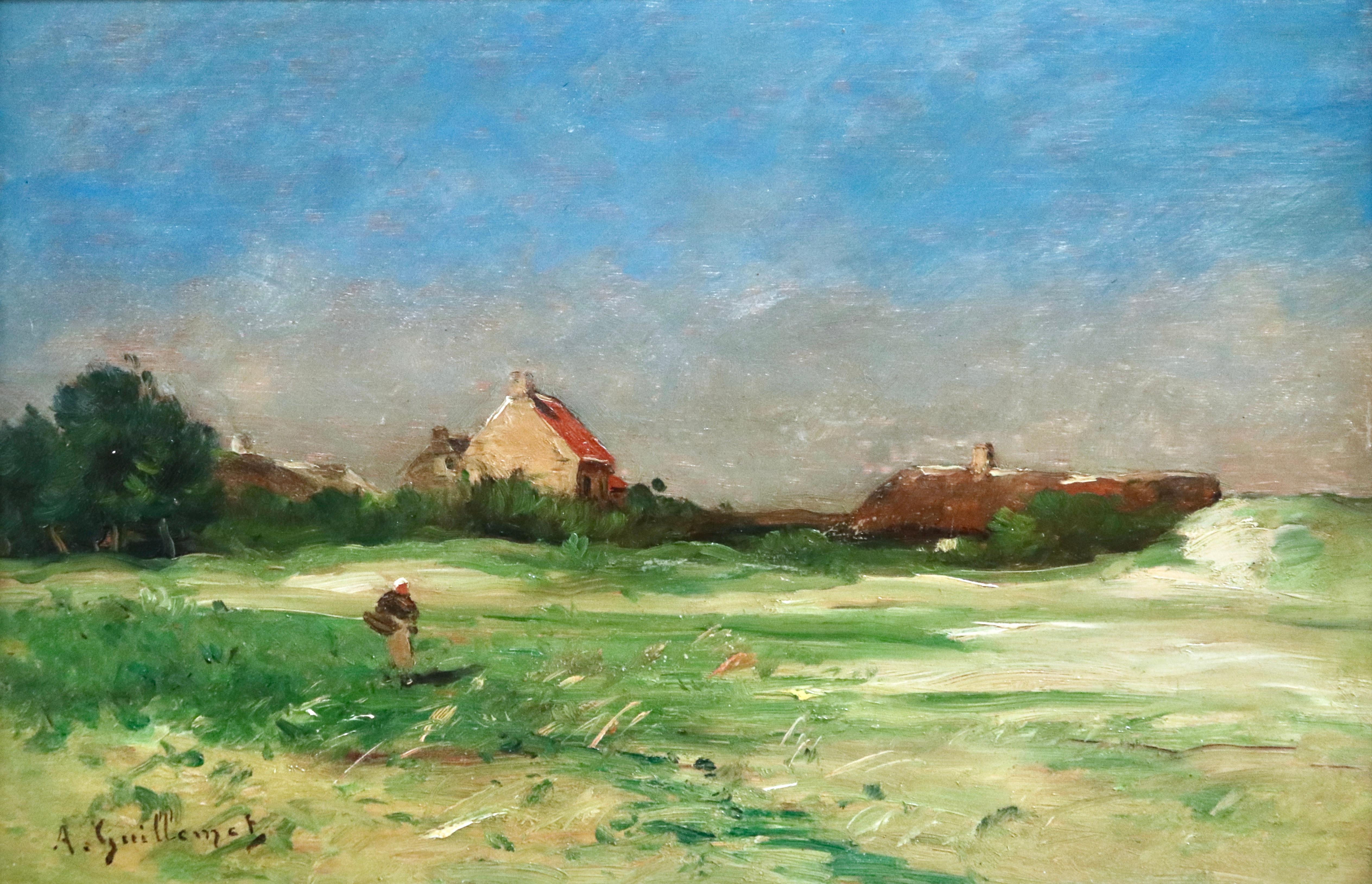 Jean-Baptiste-Antoine Guillemet Landscape Painting - Normandy - 19th Century Oil, Figures by Cottage in Landscape - Antoine Guillemet