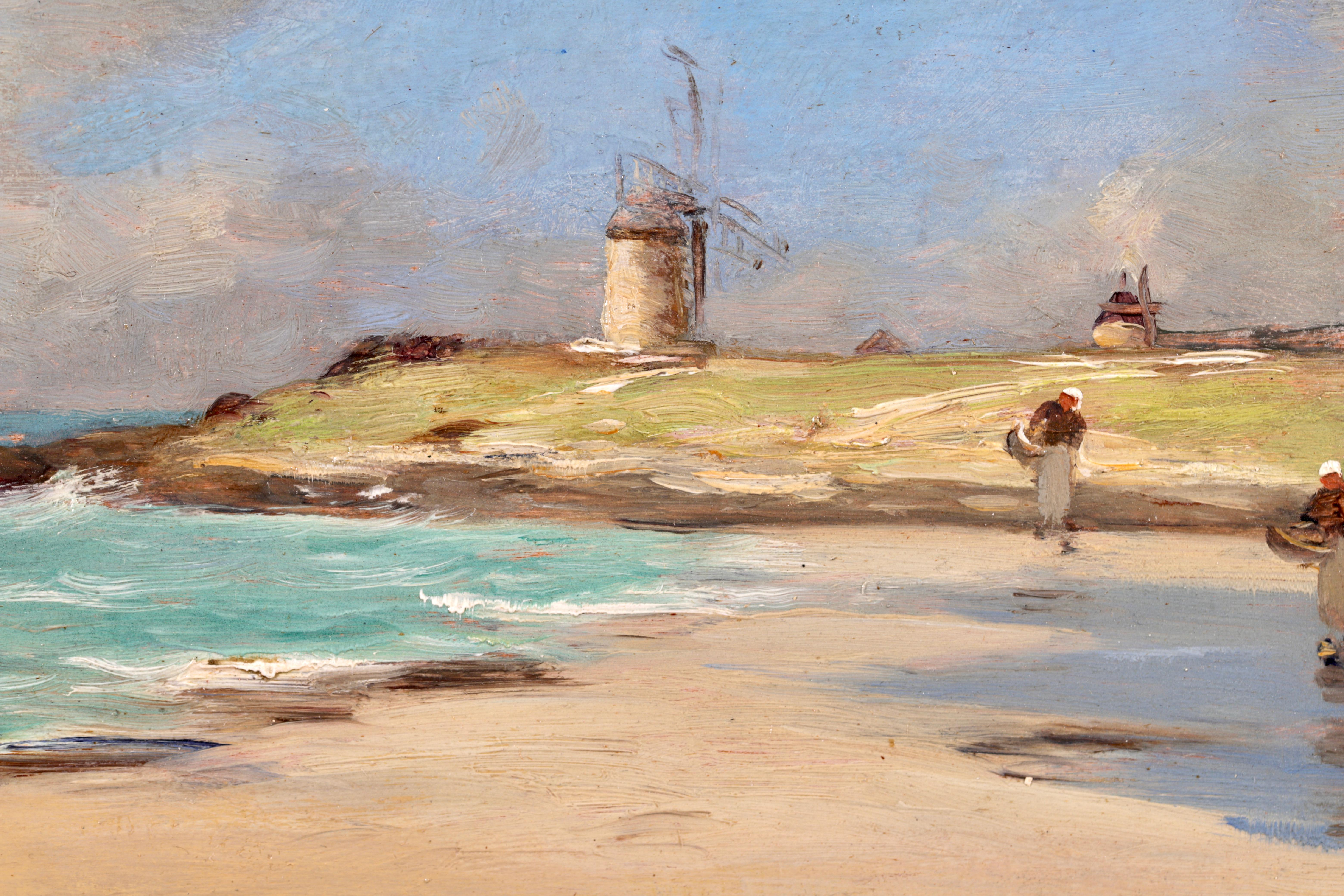 Signed coastal landscape oil on panel circa 1890 by French impressionist painter Jean Baptiste Antoine Guillemet. The piece depicts several women in traditional dress walking across the sand by the coast with windmills in the