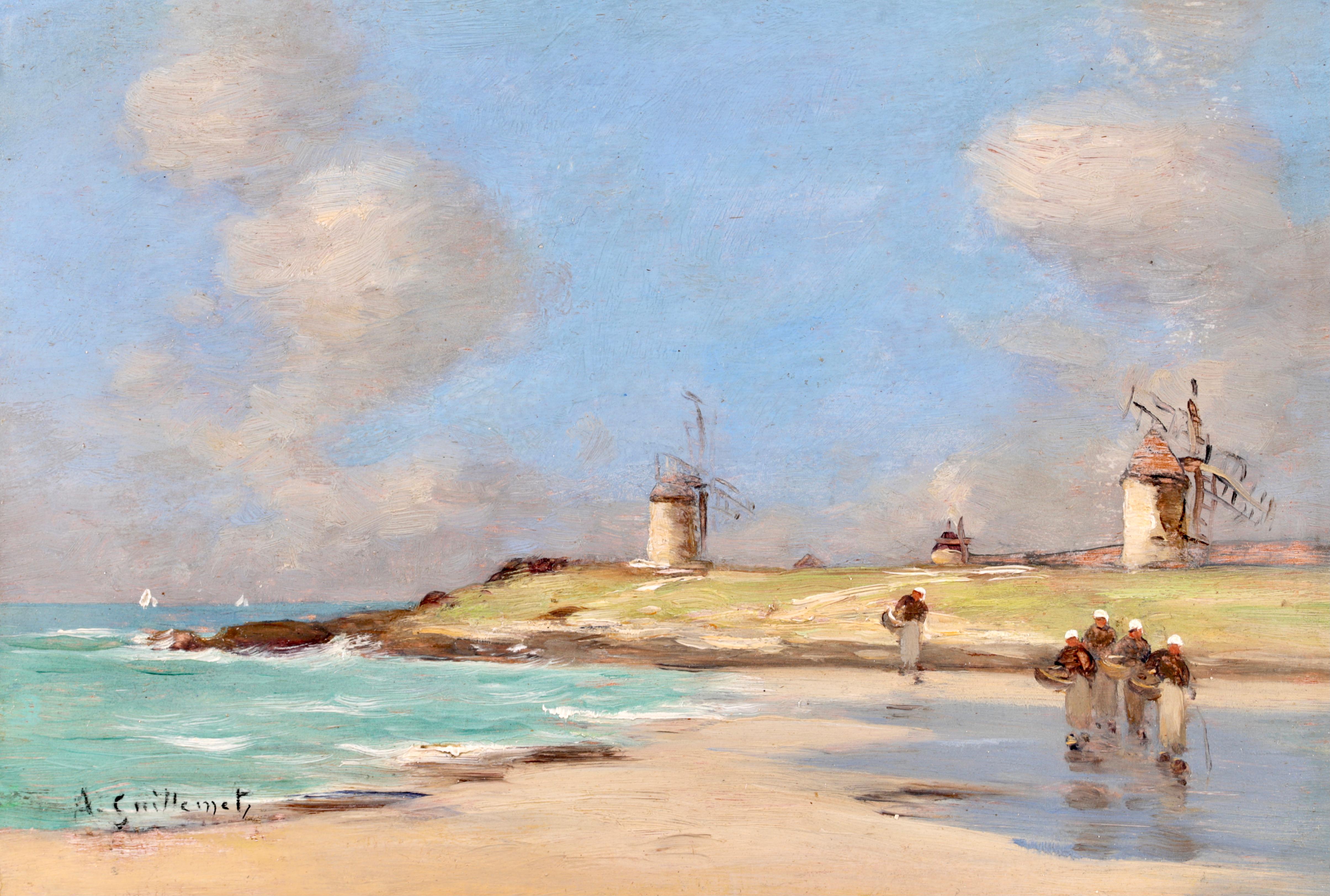 Windmills in Normandy - Impressionist Oil, Coastal Landscape - Antoine Guillemet - Painting by Jean-Baptiste-Antoine Guillemet