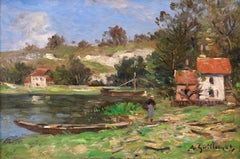 Woman by River - Impressionist Oil, Landscape by Jean Baptiste Antoine Guillemet