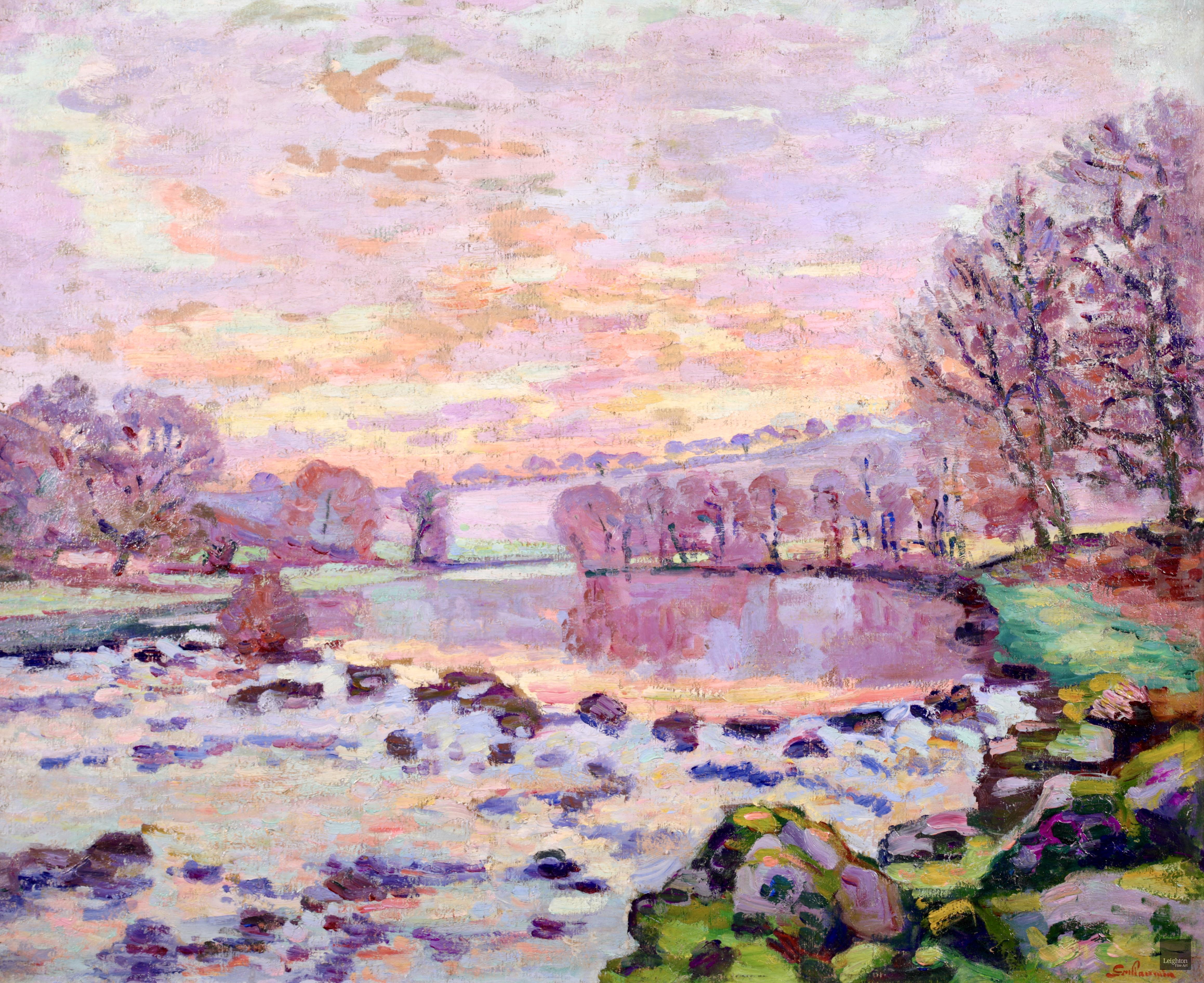 Damm in Genf – impressionistisches Ölgemälde, Winter- Flusslandschaft von Armand Guillaumin – Painting von Jean Baptiste-Armand Guillaumin