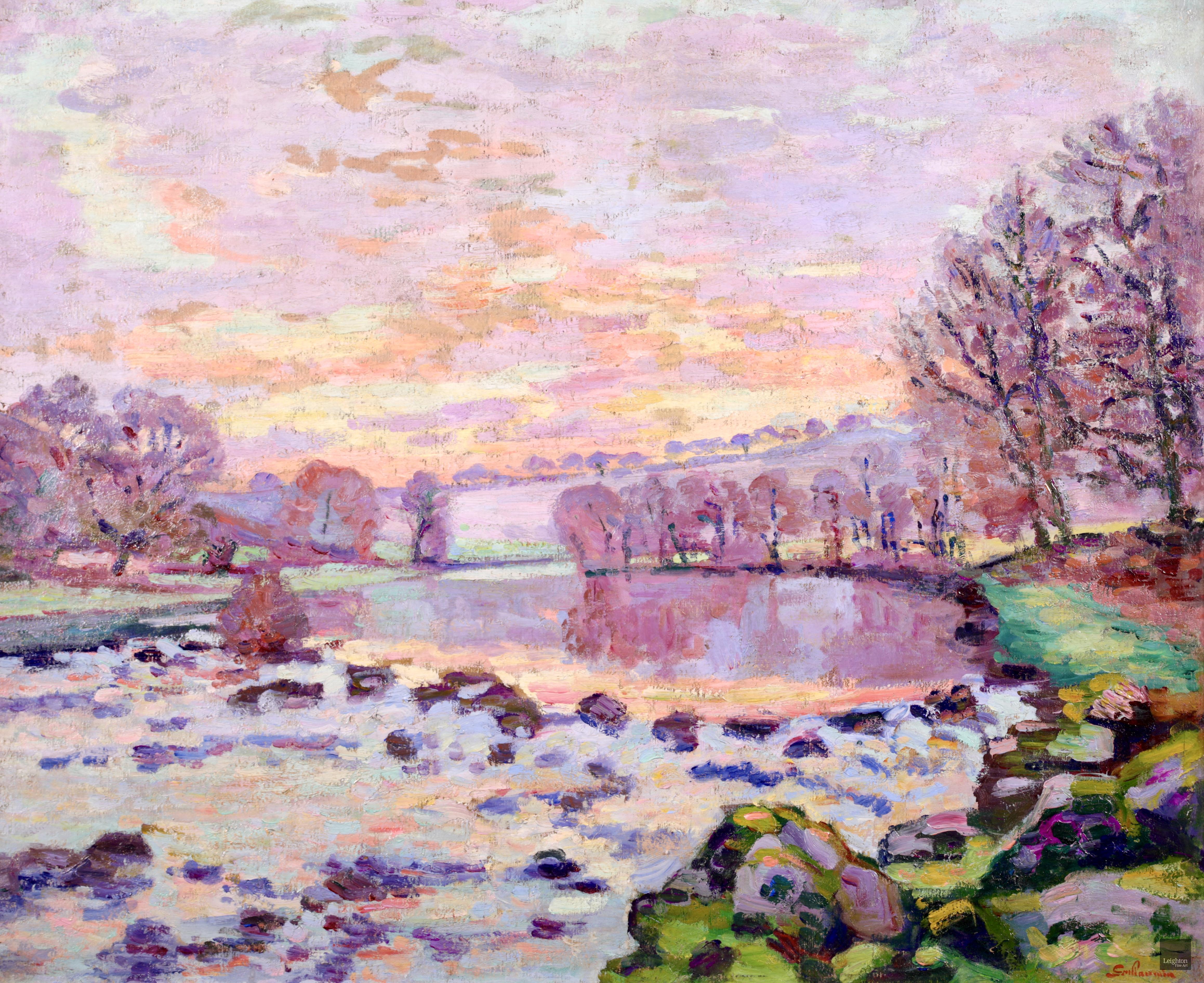 Diga a Genetin - Olio impressionista, Paesaggio fluviale invernale di Armand Guillaumin - Painting di Jean Baptiste-Armand Guillaumin