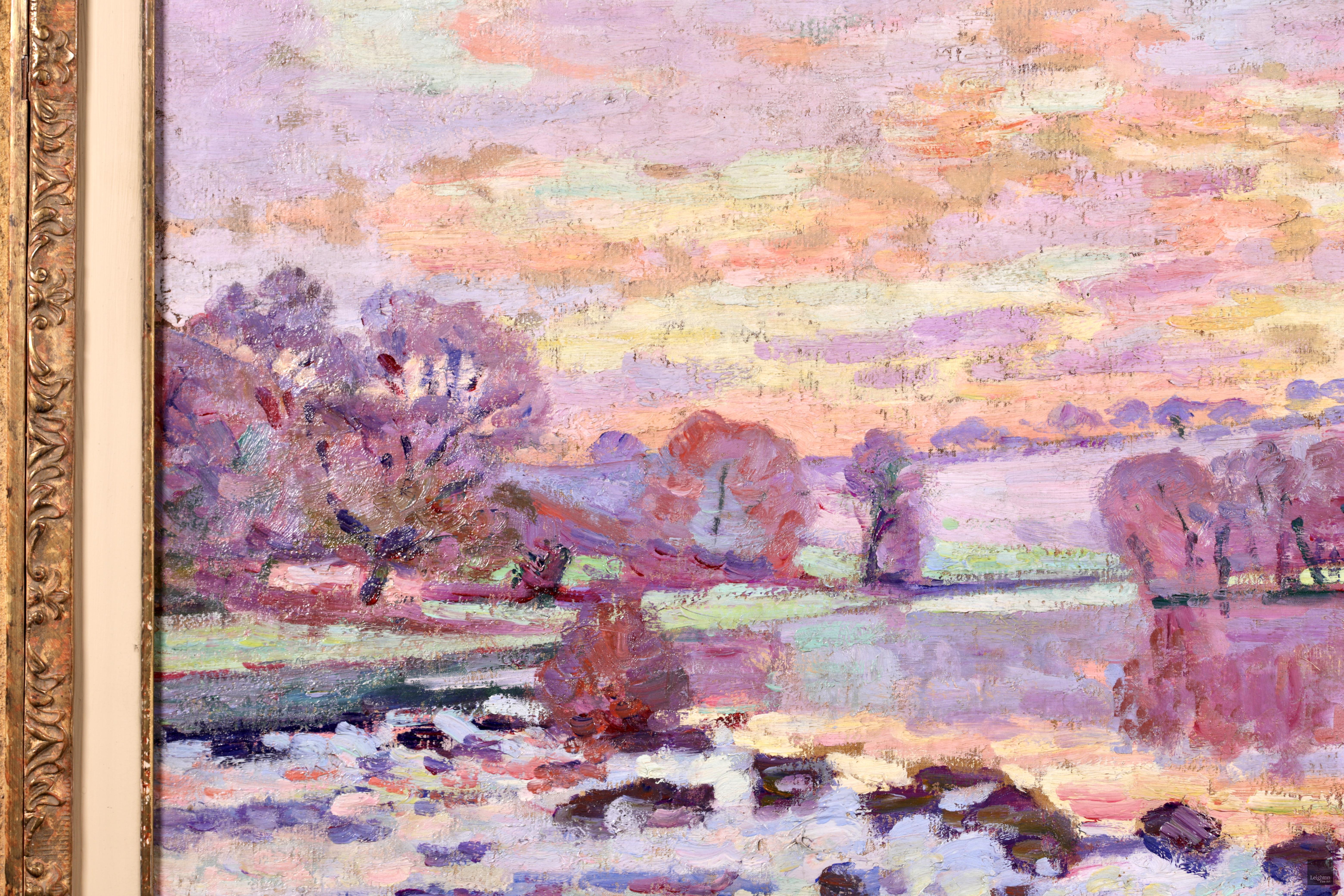 Paesaggio impressionista firmato e datato olio su tela del pittore francese Jean-Baptiste-Armand Guillaumin. Questo pezzo semplicemente stupendo raffigura una vista della diga di Genetin sul fiume Creuse. Questo paesaggio fluviale invernale
