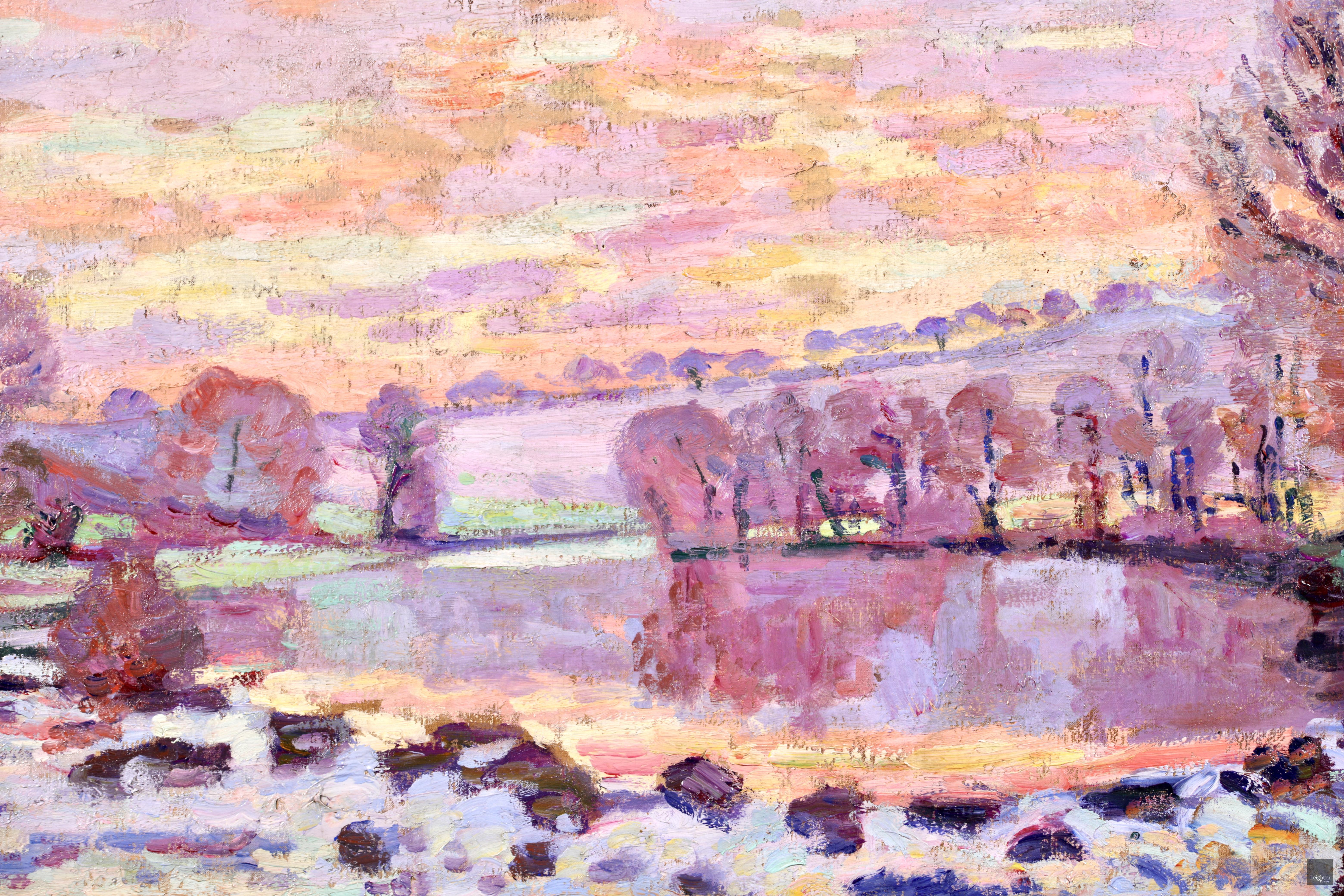Dam at Genetin - Impressionist Oil, Winter Riverscape by Armand Guillaumin - Brown Landscape Painting by Jean Baptiste-Armand Guillaumin