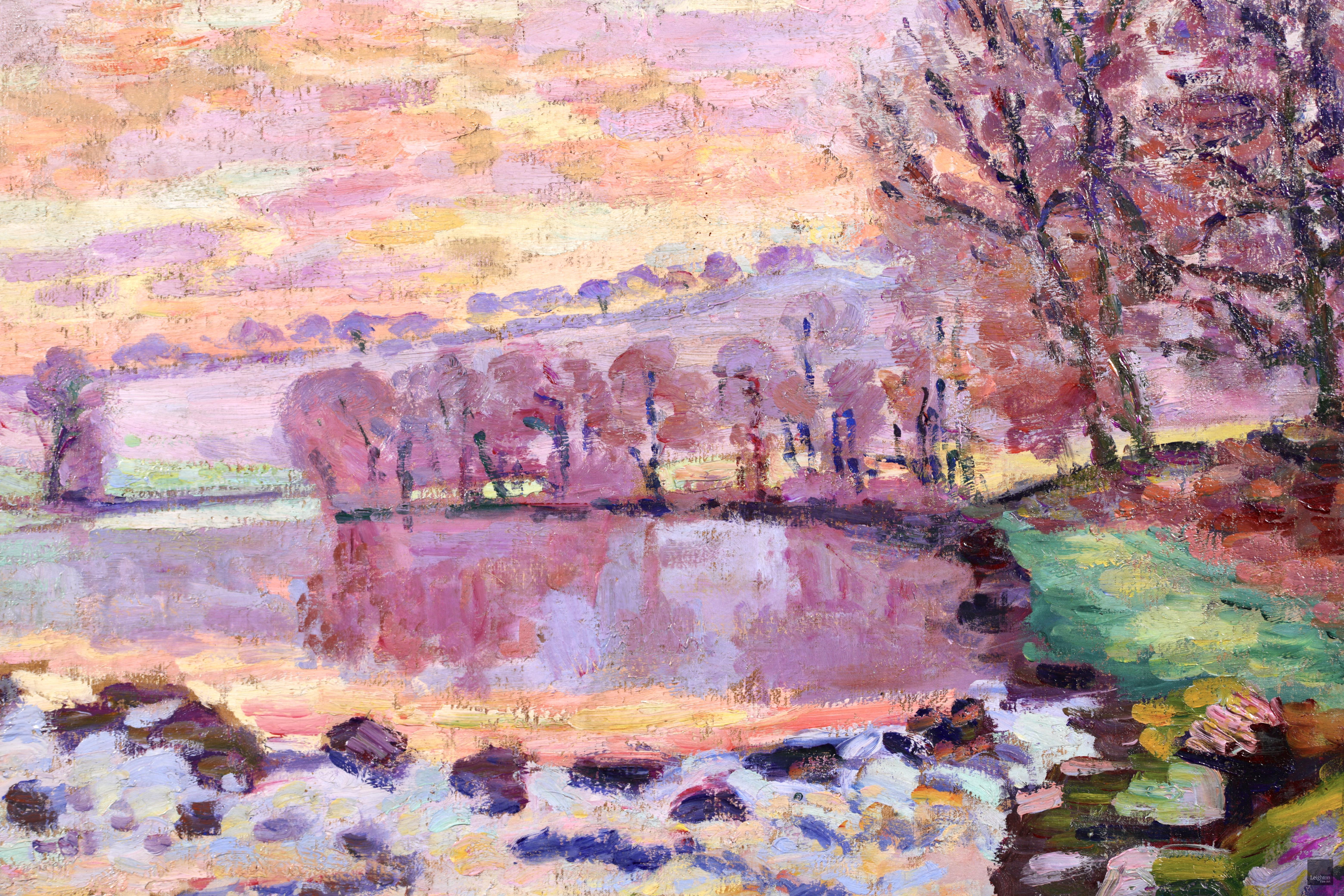 Signed and dated impressionist landscape oil on canvas by French painter Jean Baptiste Armand Guillaumin. This simply stunning piece depicts a view of the dam at Genetin on the River Creuse. This simply stunning winter riverscape depicts a