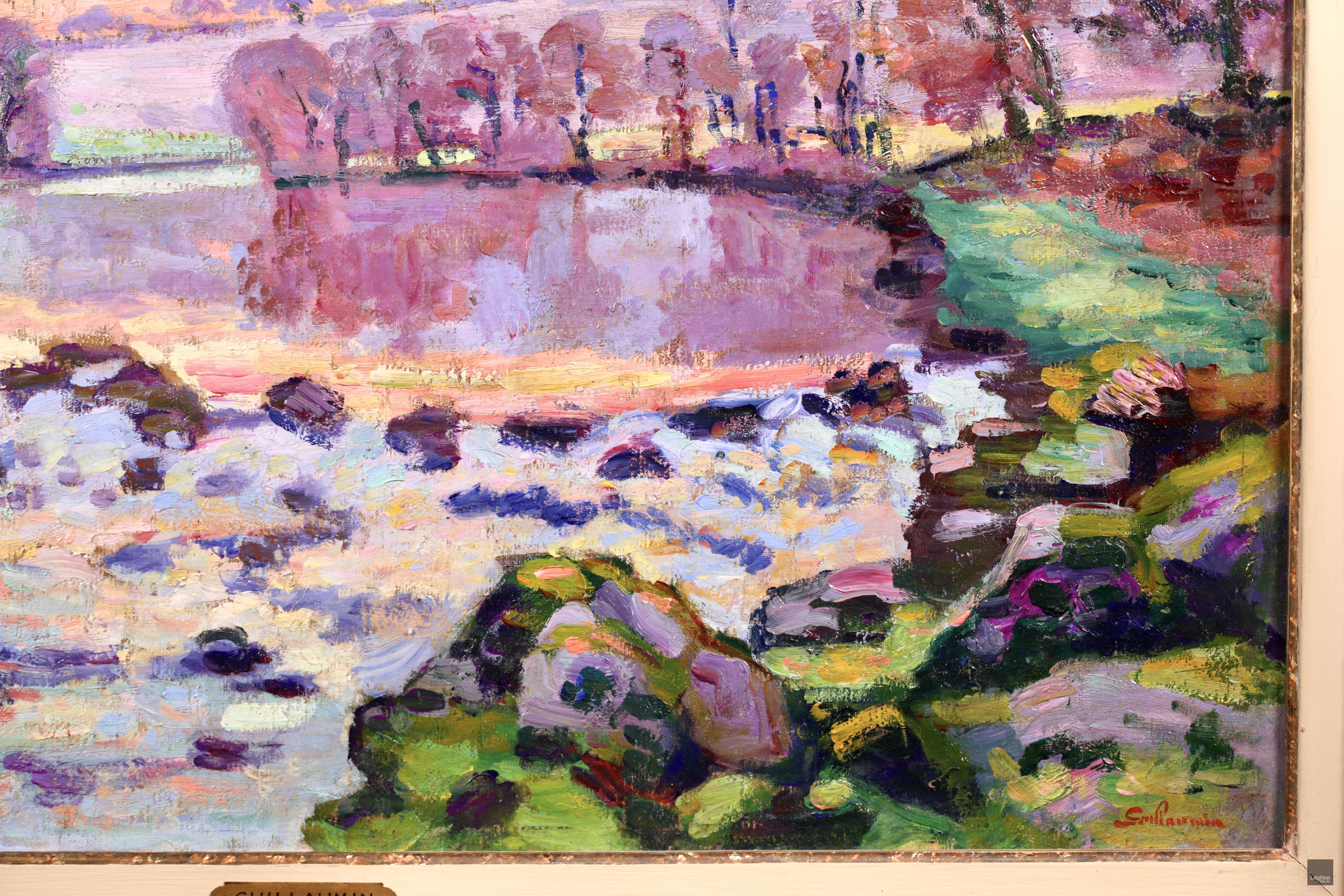 Dam at Genetin - Impressionist Oil, Winter Riverscape by Armand Guillaumin For Sale 1