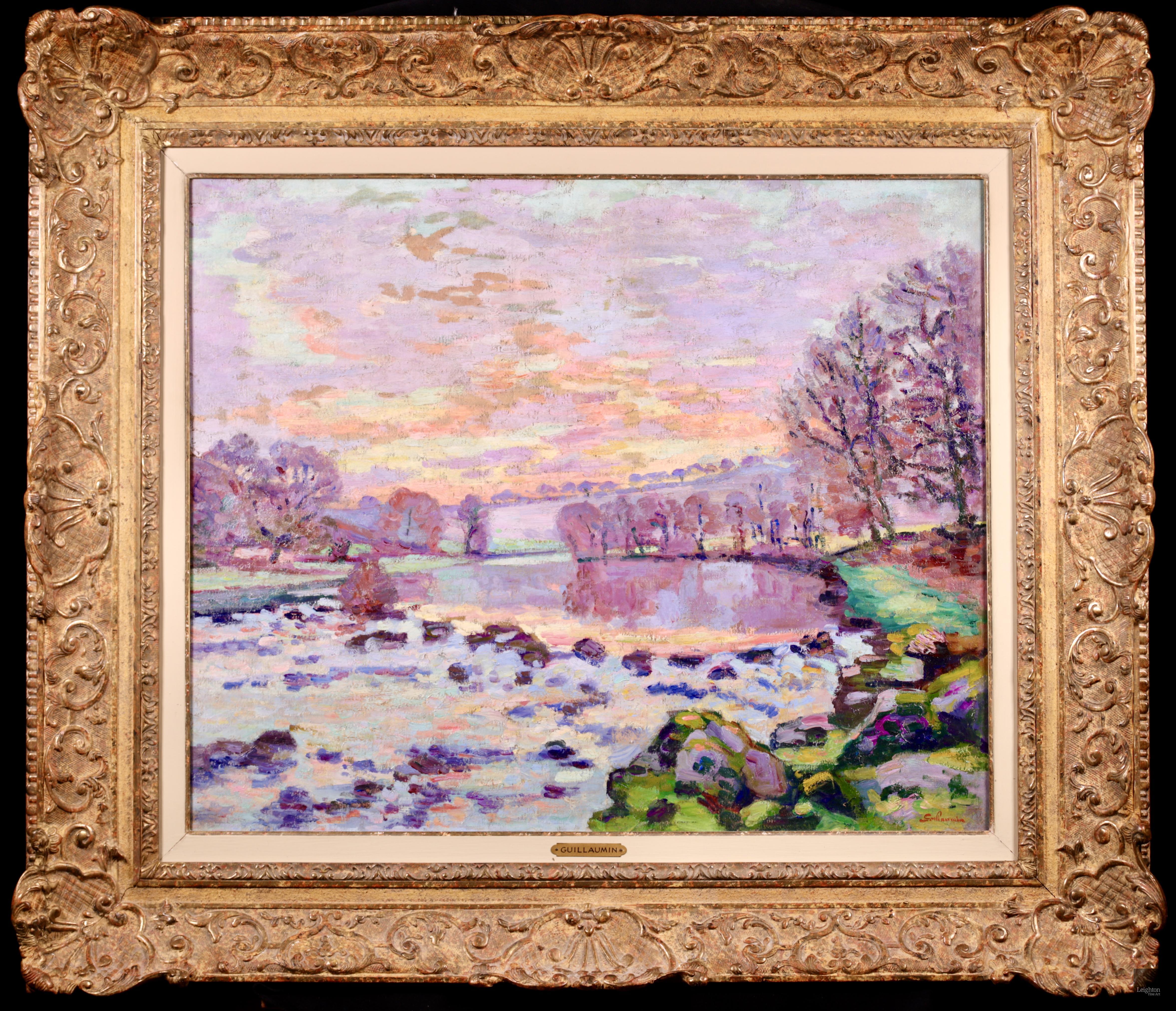 Jean Baptiste-Armand Guillaumin Landscape Painting – Damm in Genf – impressionistisches Ölgemälde, Winter- Flusslandschaft von Armand Guillaumin