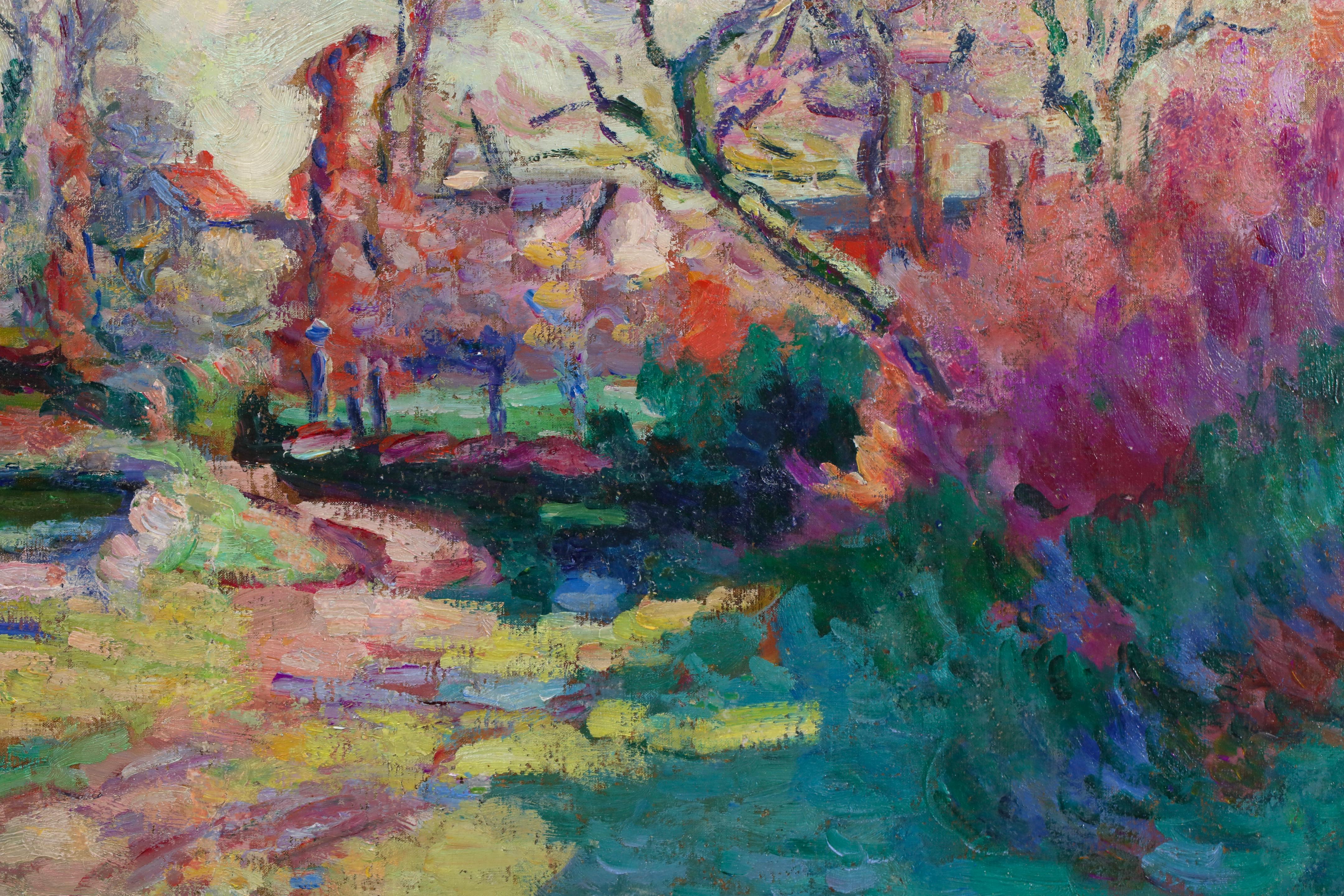 Signierte impressionistische Landschaft Öl auf Leinwand von Französisch Maler Jean Baptiste Armand Guillaumin. Dieses wunderbare Stück zeigt eine Ansicht von Crozant, einer Gemeinde im Departement Creuse. Das Dorf liegt am Fluss