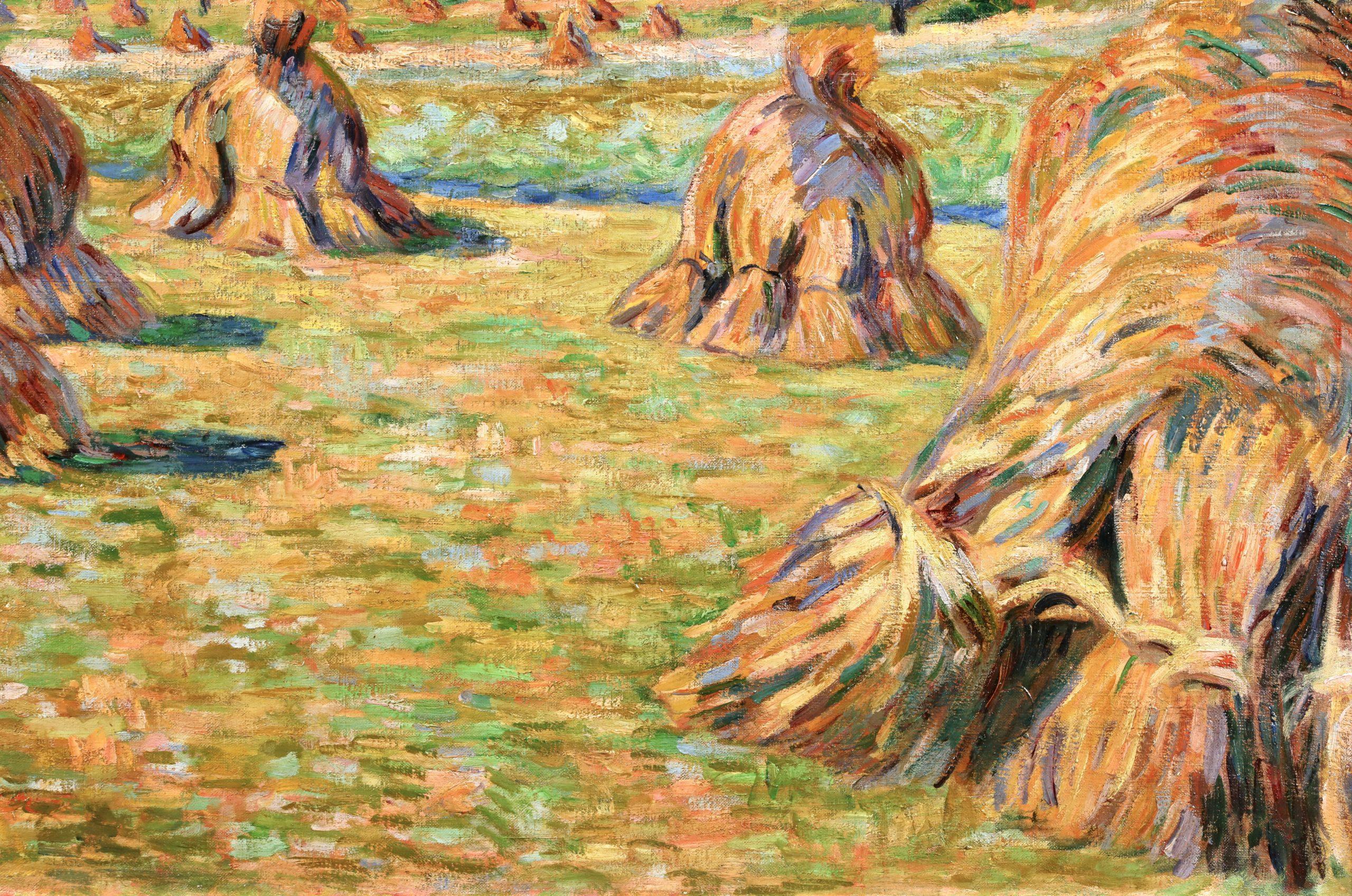 Signed landscape oil on canvas circa 1885 by French impressionist painter Jean Baptiste Armand Guillaumin. The work depicts a farmland with haystacks pilled up into the distance under the blue summer sky and is beautifully brushed and coloured. This