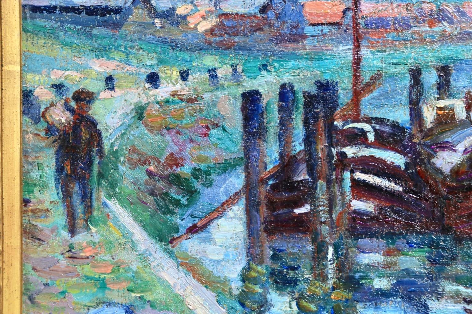Morning Rouen - Impressionist Oil, Boats on River Landscape by Armand Guillaumin 3