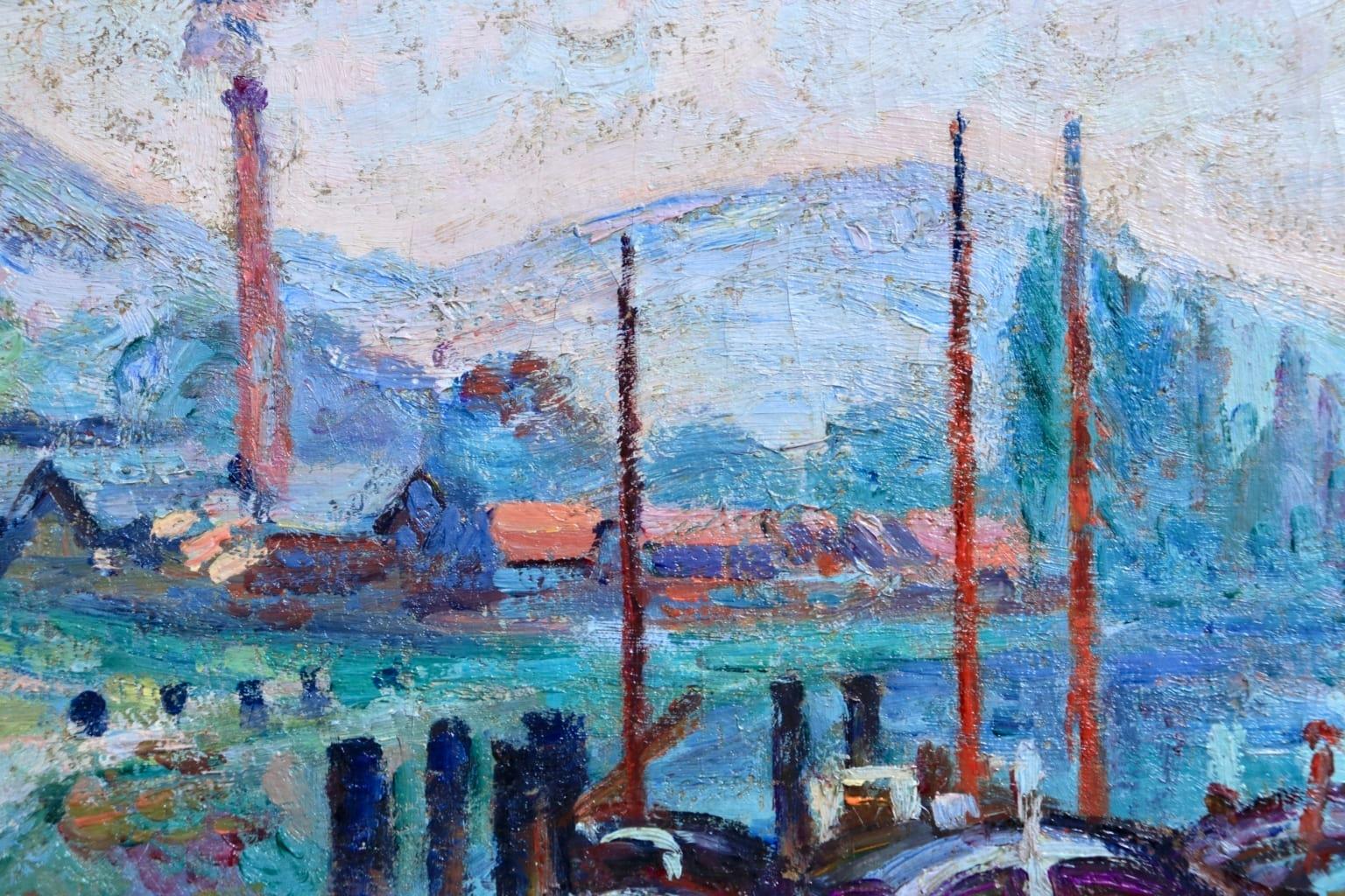 Morning Rouen - Impressionist Oil, Boats on River Landscape by Armand Guillaumin 4