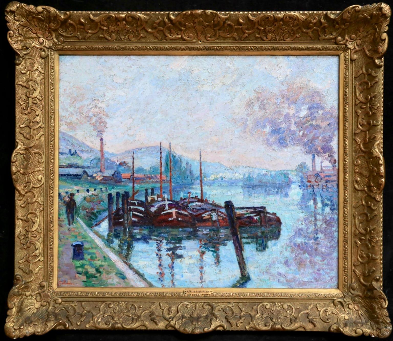 Morning Rouen - Impressionist Oil, Boats on River Landscape by Armand Guillaumin - Painting by Jean Baptiste-Armand Guillaumin