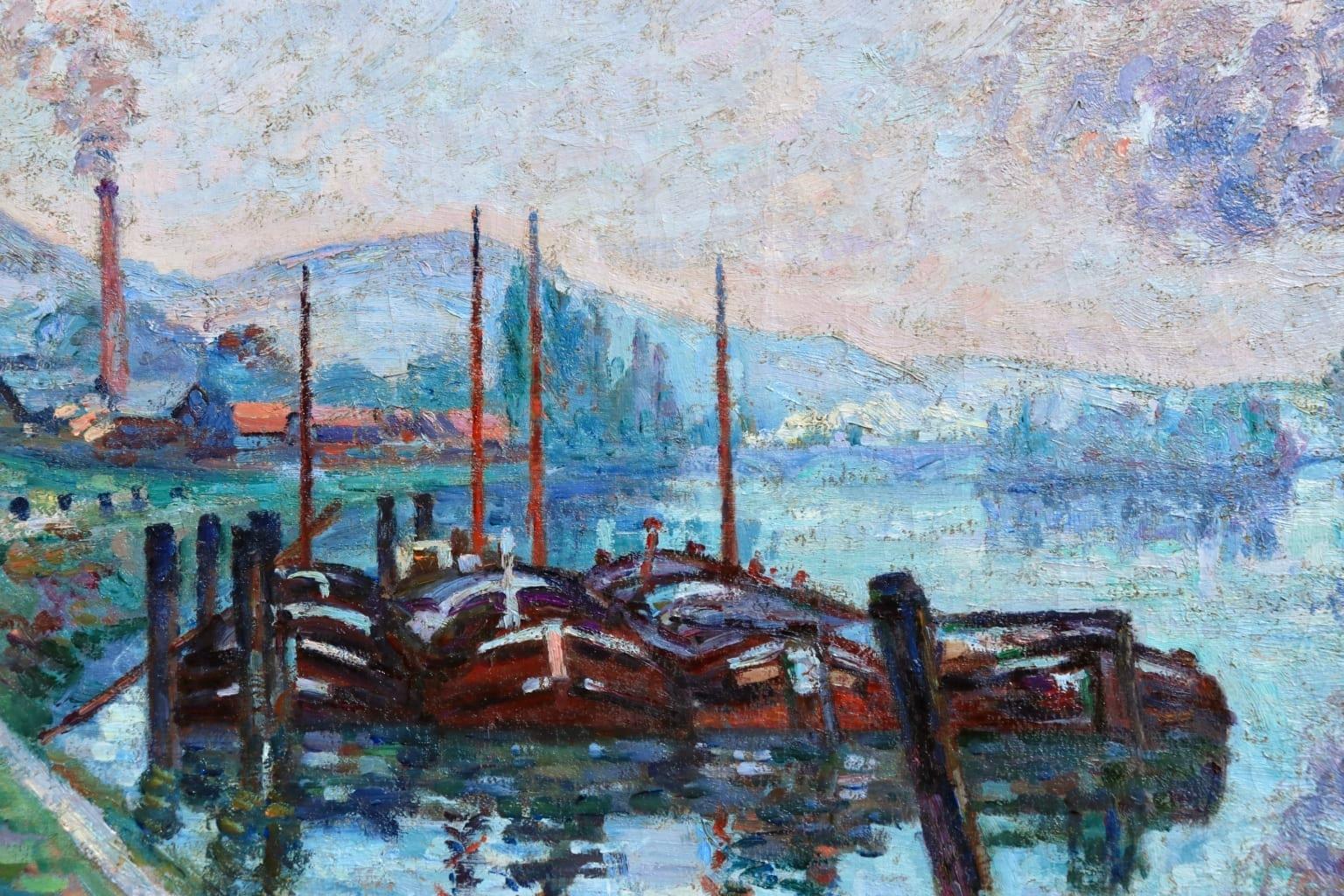 Morning Rouen - Impressionist Oil, Boats on River Landscape by Armand Guillaumin - Blue Figurative Painting by Jean Baptiste-Armand Guillaumin