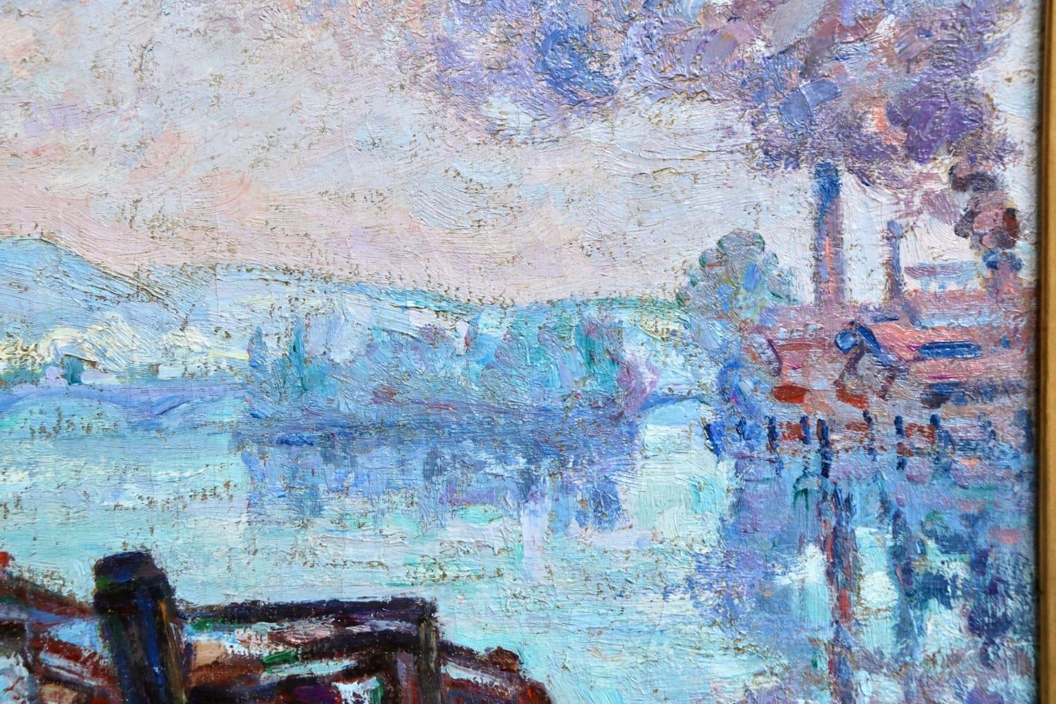 Morning Rouen - Impressionist Oil, Boats on River Landscape by Armand Guillaumin 1