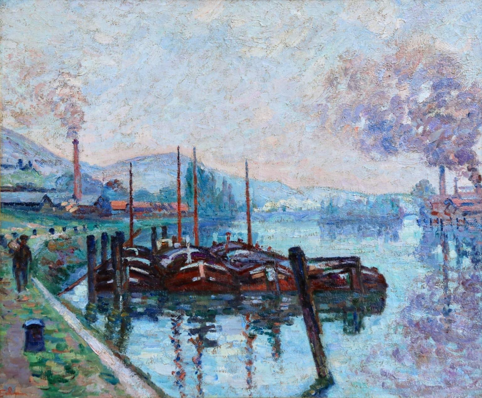 Jean Baptiste-Armand Guillaumin Figurative Painting - Morning Rouen - Impressionist Oil, Boats on River Landscape by Armand Guillaumin
