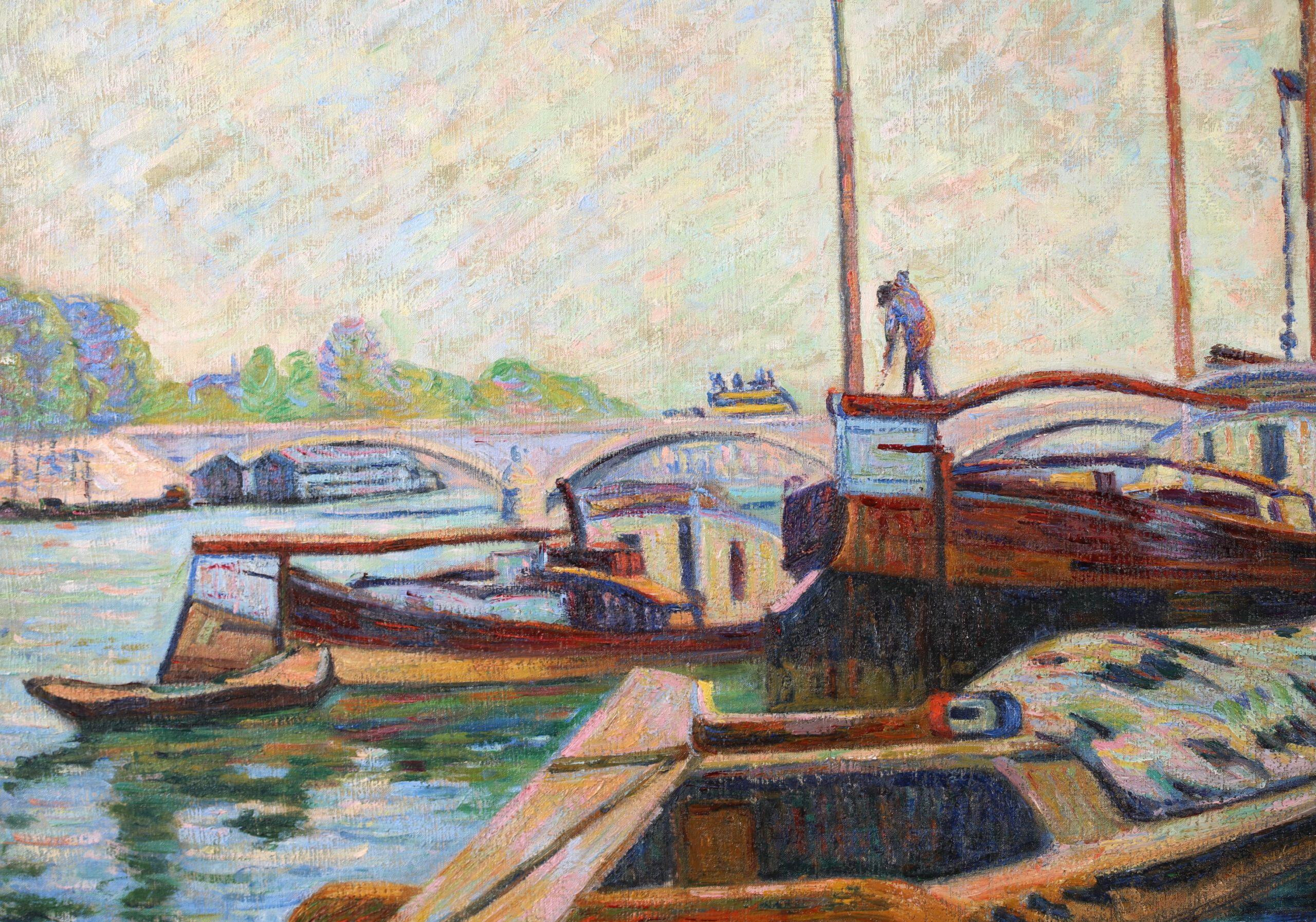 Peniches sur la Seine - Impressionist Landscape Oil - Armand Guillaumin For Sale 5