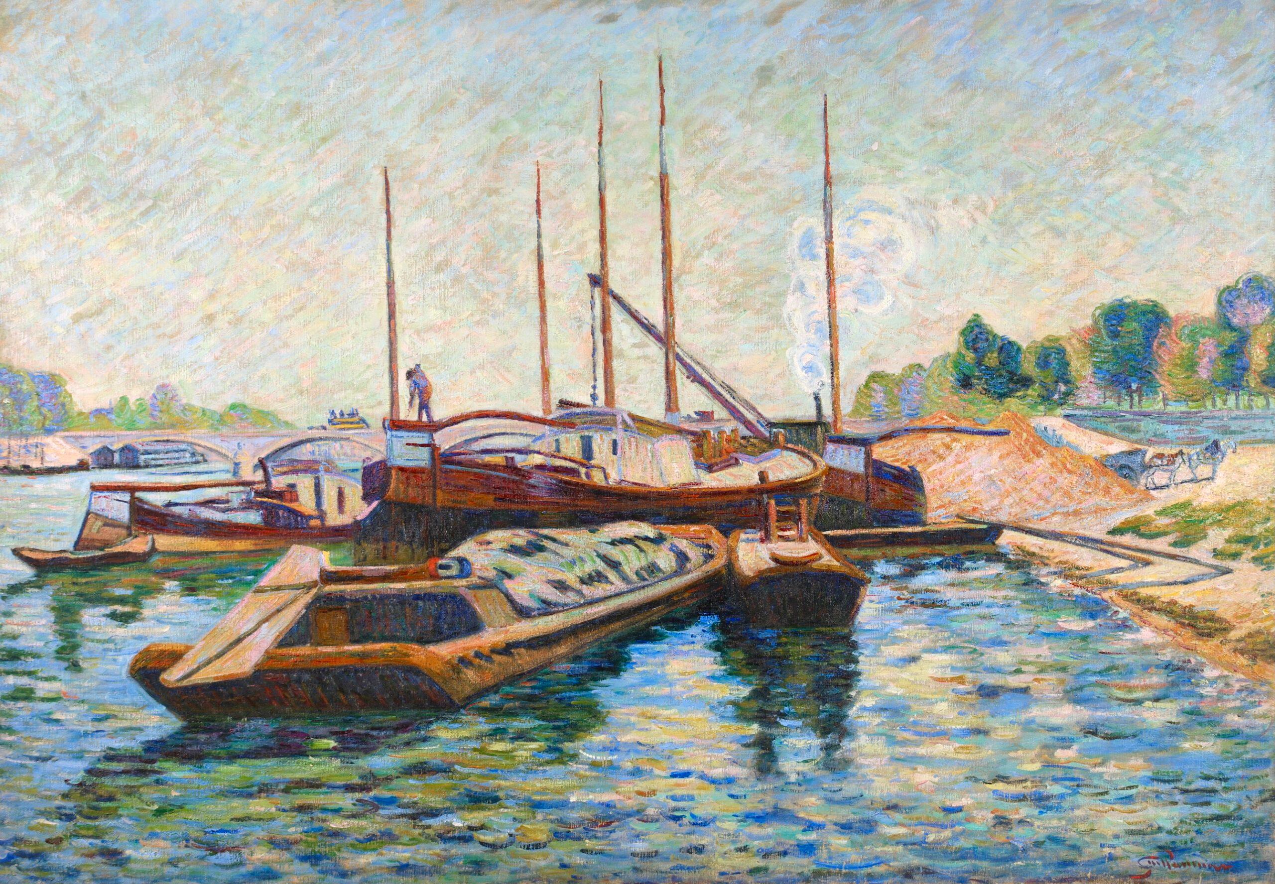 Peniches sur la Seine - Impressionist Landscape Oil - Armand Guillaumin - Painting by Jean Baptiste-Armand Guillaumin