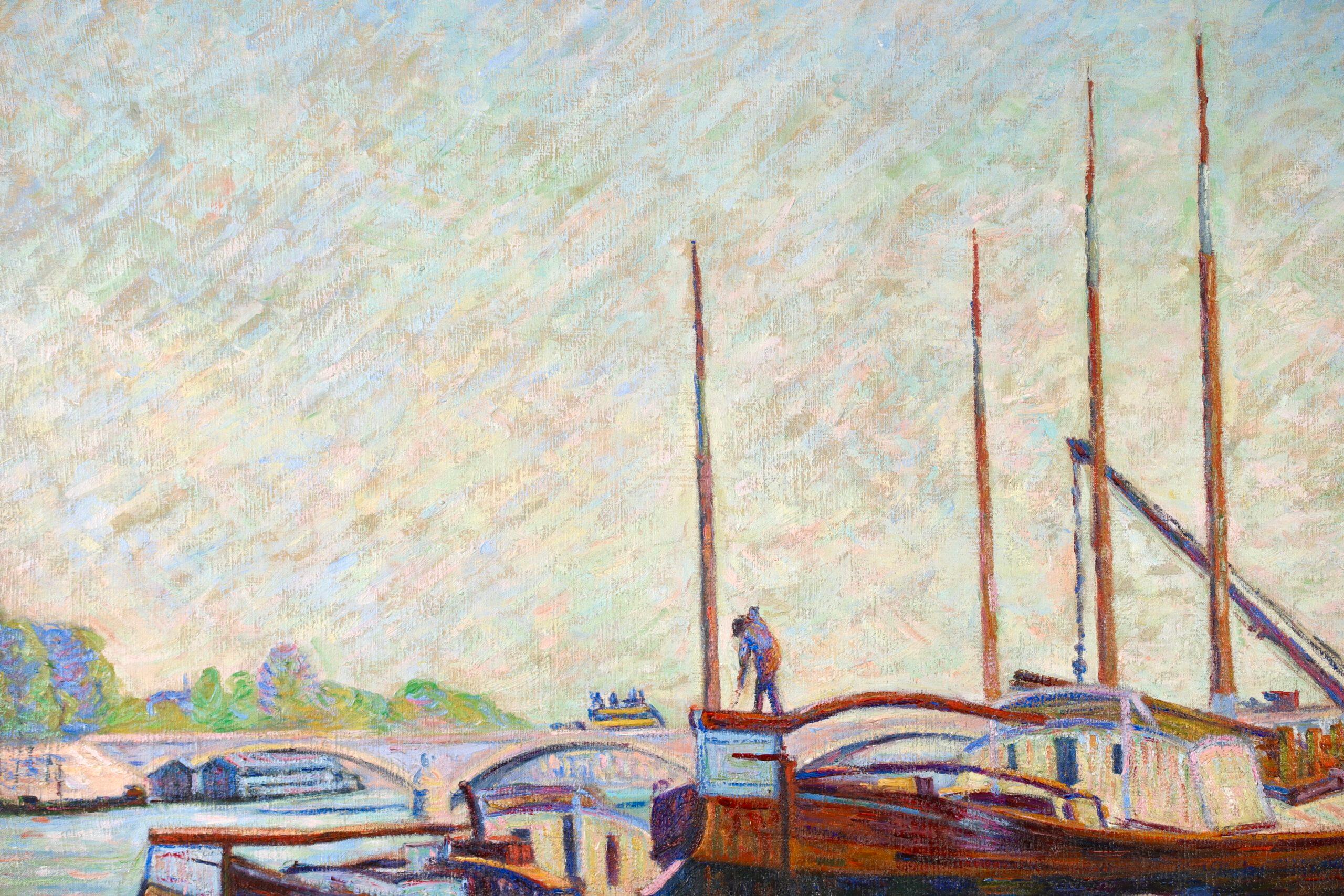 Peniches sur la Seine – Impressionistische Landschaft, Öl – Armand Guillaumin (Impressionismus), Painting, von Jean Baptiste-Armand Guillaumin