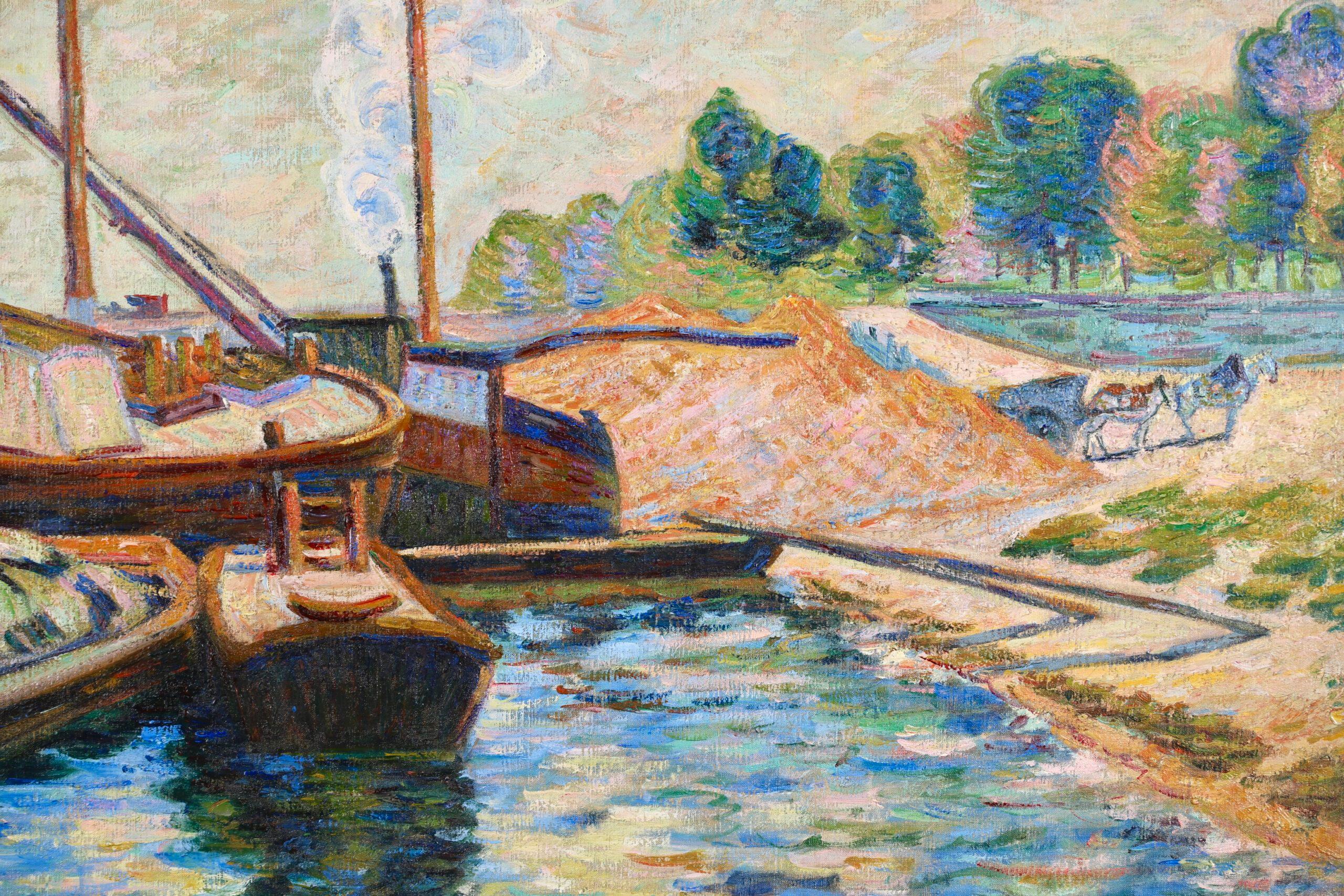 Peniches sur la Seine - Impressionist Landscape Oil - Armand Guillaumin For Sale 1
