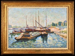 Antique Peniches sur la Seine - Impressionist Landscape Oil - Armand Guillaumin