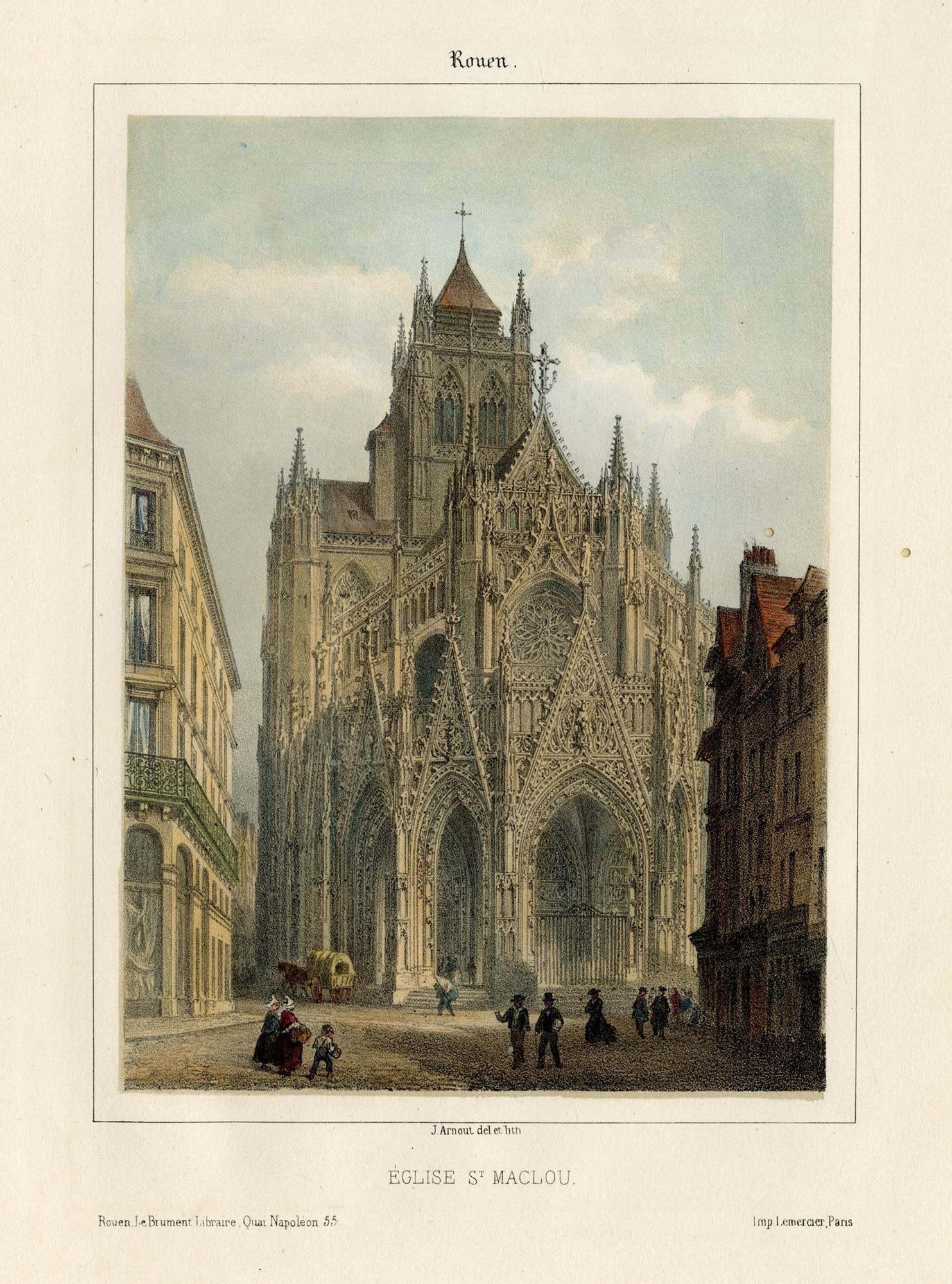 Two lithographs in color with engraving; Eglise St. Ouen & Eglise St. Maclou - Print by Jean Baptiste Arnout