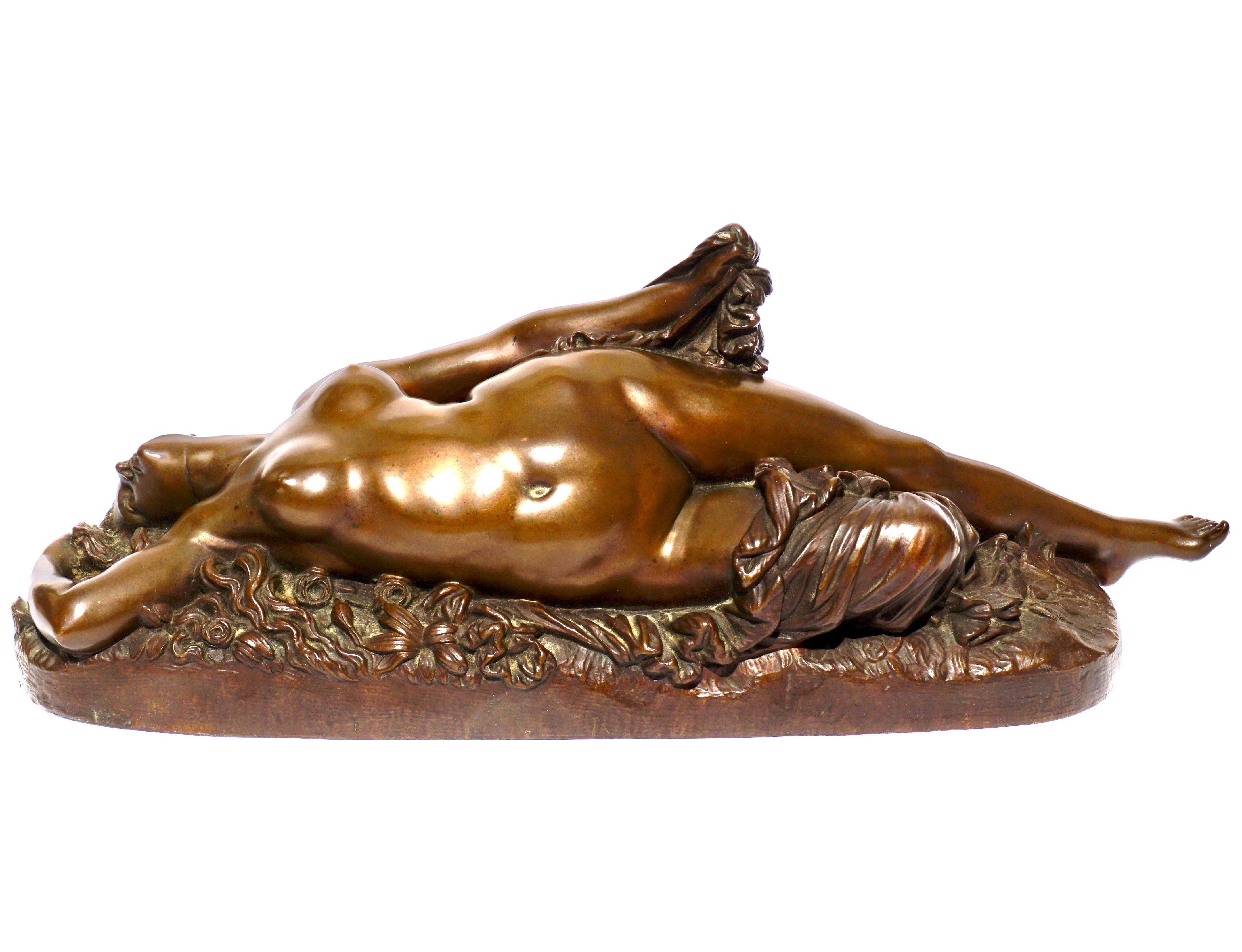 JEAN-BAPSITSE AUGUSTE CLÉSINGER (FRENCH, 1814-1883)
Femme piquée par un serpent
Inscribed J. CLESINGER and F. BARBEDIENNE. FONDEUR
Bronze, dark brown patina
8 in. (20.3 cm.) high, 22 ½ in. (57.1 cm.) wide
Condition: Excellent 
Circa