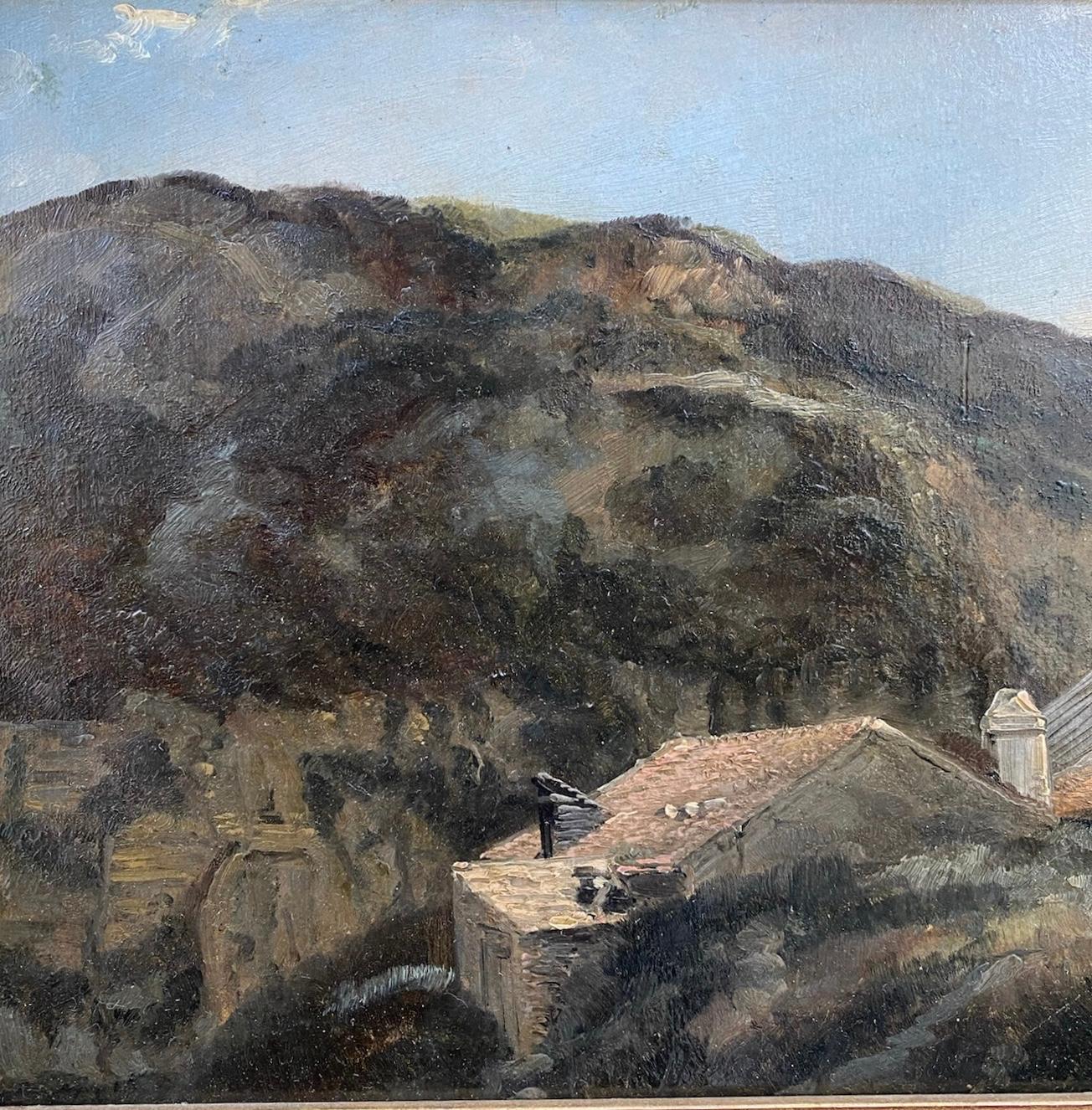 A Mountain Dwelling: Landschaft mit Corot-Signatur auf der Rückseite aus dem 19. Jahrhundert (Schule von Barbizon), Painting, von Jean-Baptiste-Camille Corot