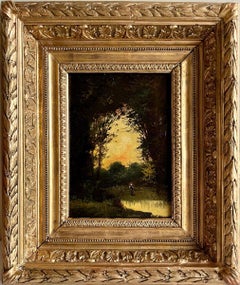 Barbizon School, Woman near the Lake, Original Antique Oil on Panel, French