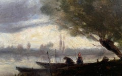 Fishing by Moonlight manner of Corot: Mooonlit lake French Barbizon oil painting