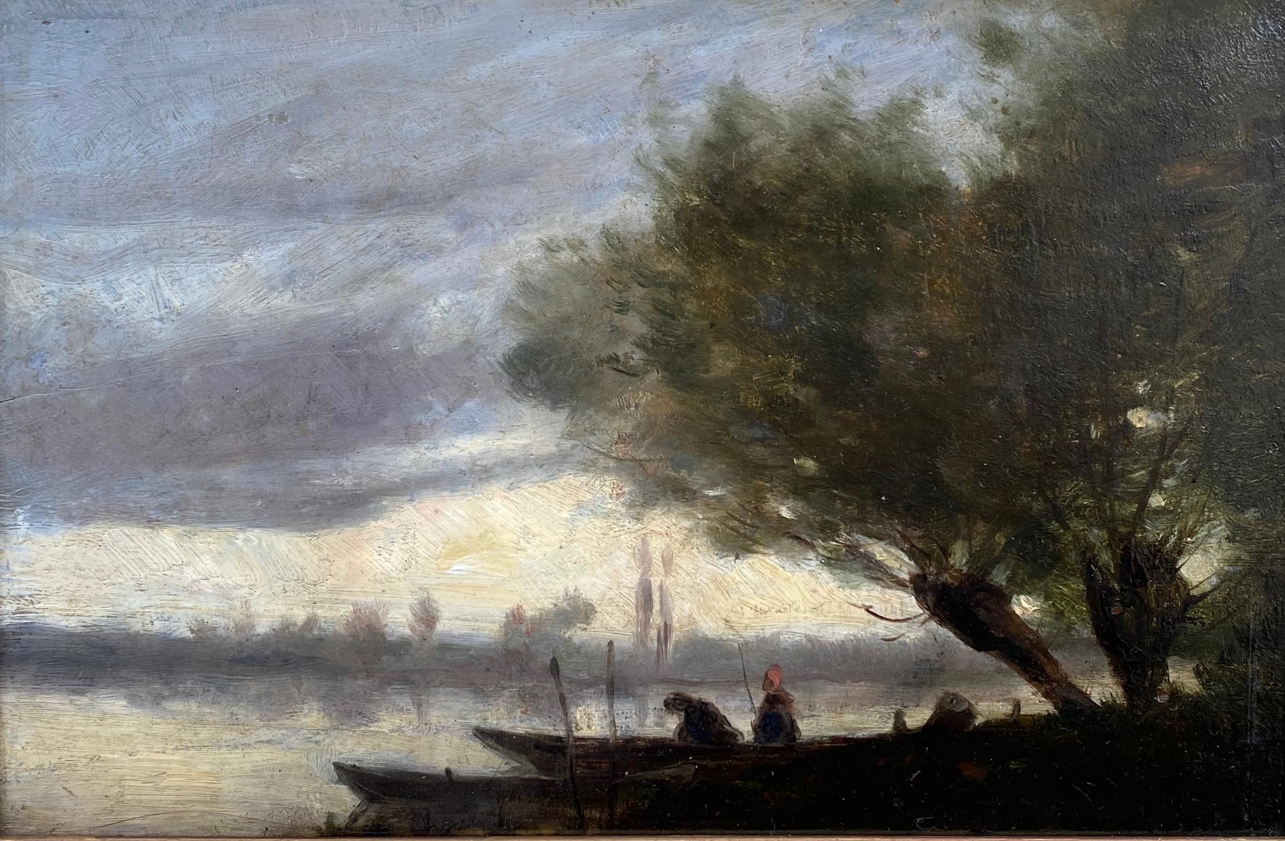 Fishing by Moonlight manner of Corot: Mooonlit lake French Barbizon oil painting - Barbizon School Painting by Jean-Baptiste-Camille Corot