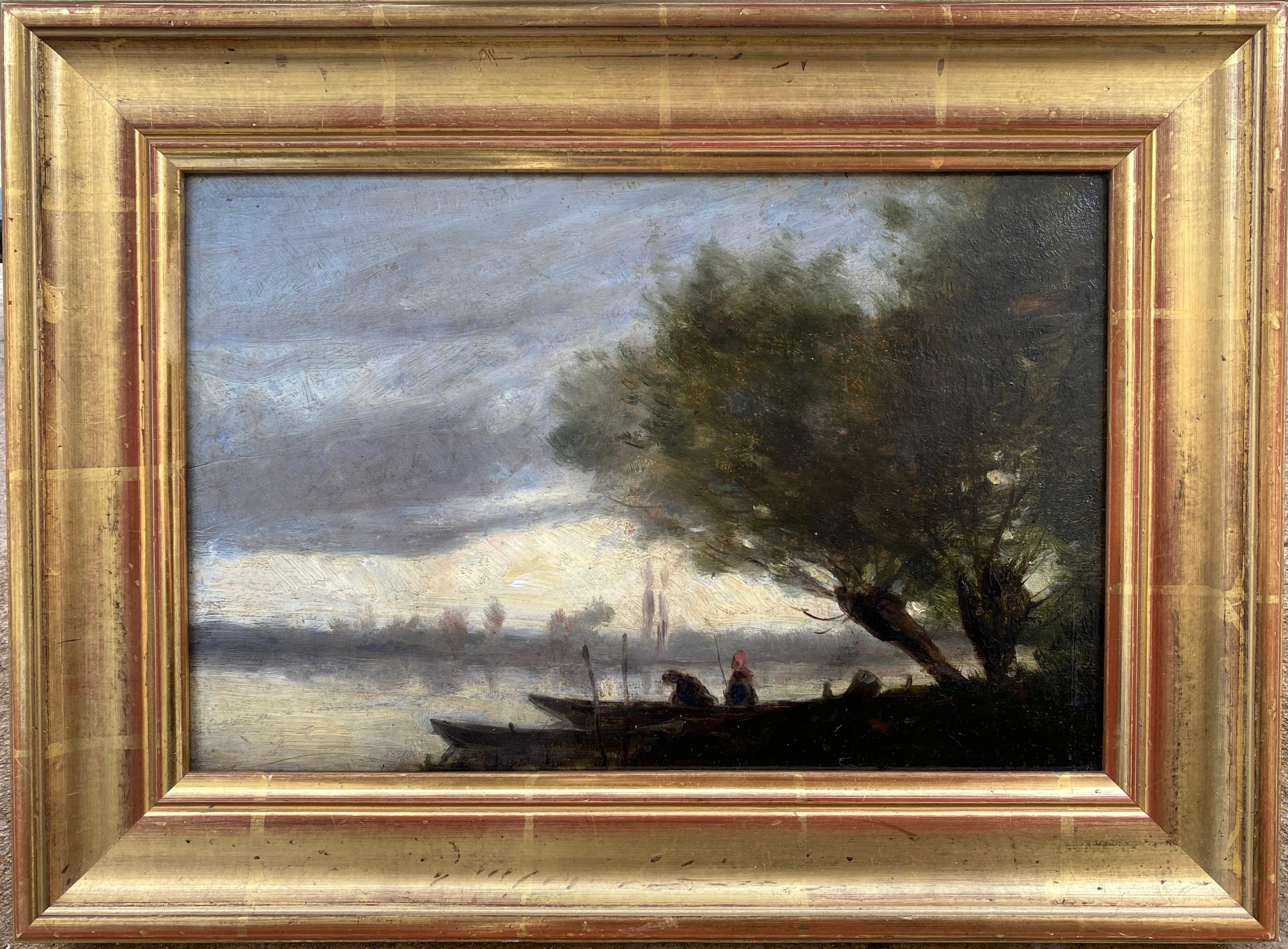 Figurative Painting Jean-Baptiste-Camille Corot - Peinture à l'huile française de Barbizon : pêche au clair de lune au Corot : lac maonlit