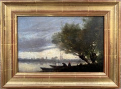 Fishing by Moonlight manner of Corot: Mooonlit lake French Barbizon oil painting